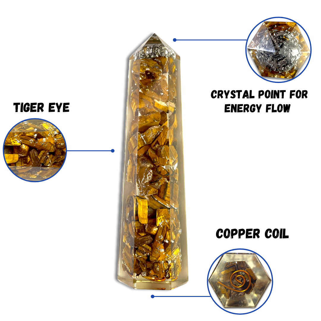 Spiritual Elementz Orgone Tiger Eye Crystal Tower and Healing Stones Reiki Charged Chakra with Clear Gemstone Copper Metal (Stone for Protection & Harmony)