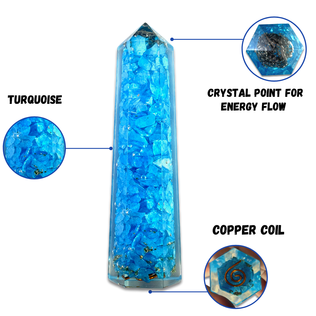 Spiritual Elementz Reiki Charged Chakra Healing Turquoise Orgone Tower with Clear Crystal Gemstone Copper Metal (Stone for Cleanse Your Energy Centers)