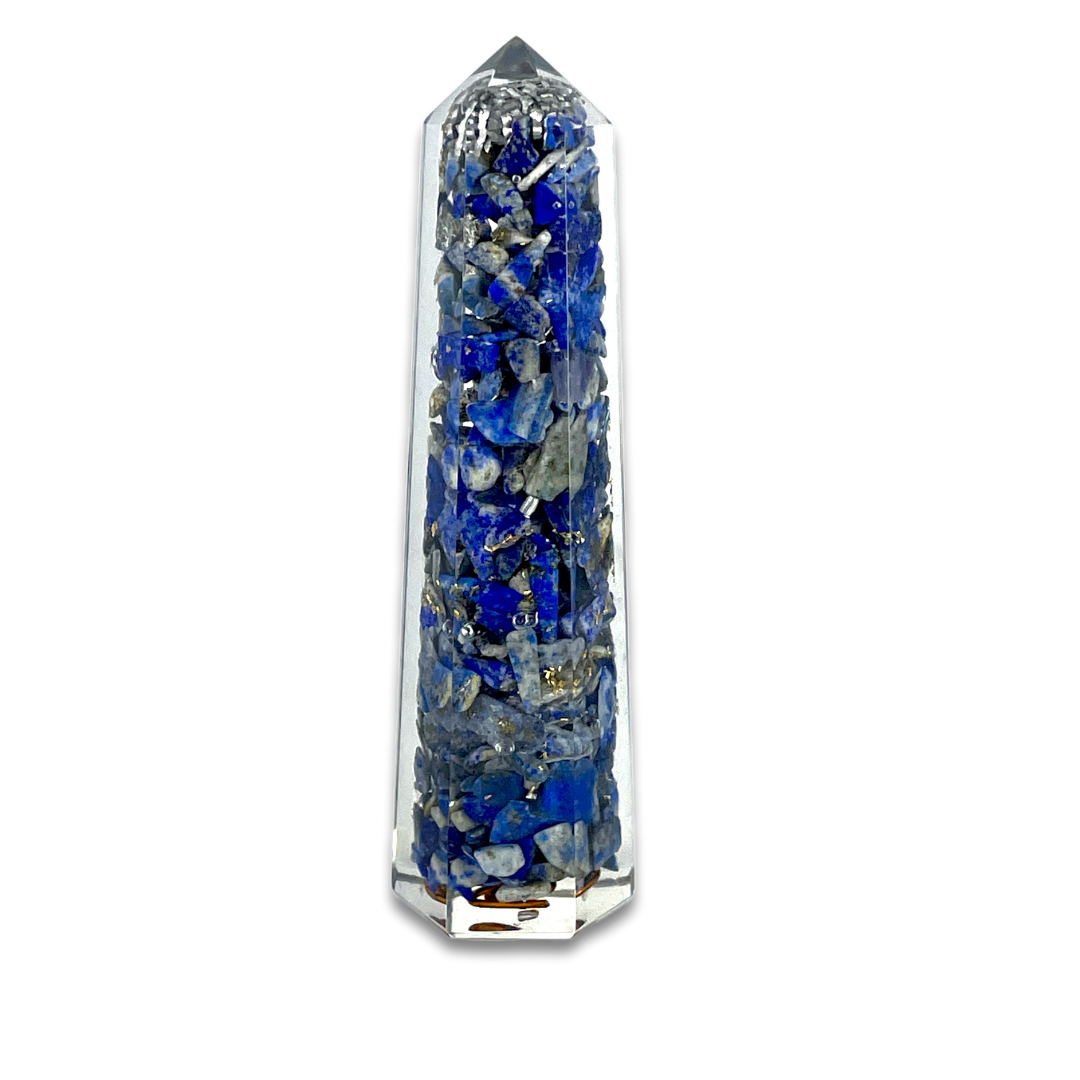 Spiritual Elementz Reiki Charged Chakra Healing Tower Lapis Lazuli Orgone Tower with Clear Crystal Gemstone Copper Metal (for Balancing & Soul Connection).