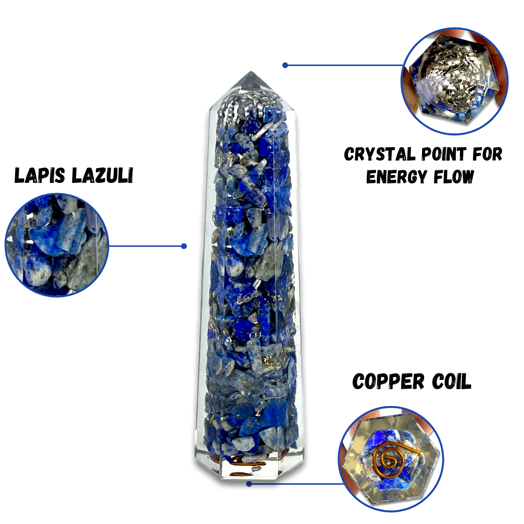 Spiritual Elementz Reiki Charged Chakra Healing Tower Lapis Lazuli Orgone Tower with Clear Crystal Gemstone Copper Metal (for Balancing & Soul Connection).