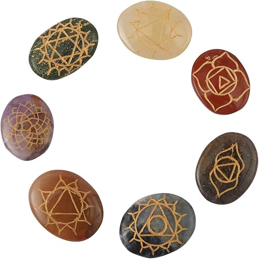 Spiritual Elementz Chakra Reiki Healing Stones with Engraved Chakra Symbols Set of 7 with Pouch.