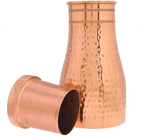 Spiritual Elementz Pure Copper Bedroom Water Bottle with Inbuilt Glass, Hammered Shine Design, 1000 ml, 31 oz, Pack of 1