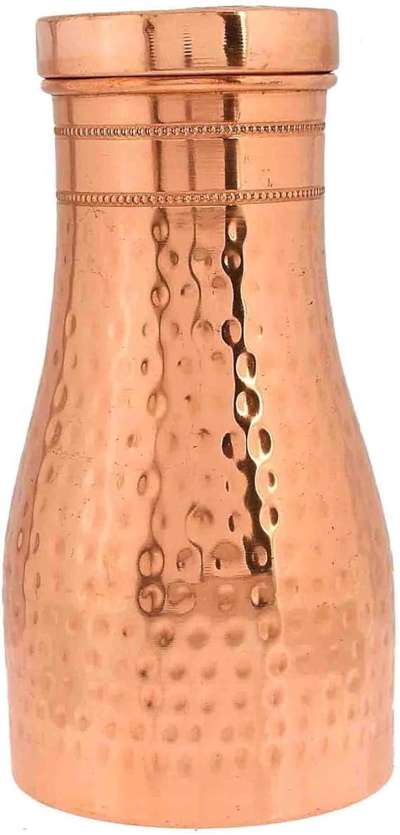 Spiritual Elementz Pure Copper Bedroom Water Bottle with Inbuilt Glass, Hammered Shine Design, 1000 ml, 31 oz, Pack of 1