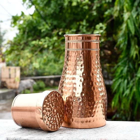 Spiritual Elementz Pure Copper Bedroom Water Bottle with Inbuilt Glass, Hammered Shine Design, 1000 ml, 31 oz, Pack of 1