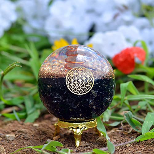 Spiritual Elementz Black Tourmaline Orgonite Crystal Ball Orgone Sphere Energy Generator Flower of Life Healing Crystal Balancing Chakra