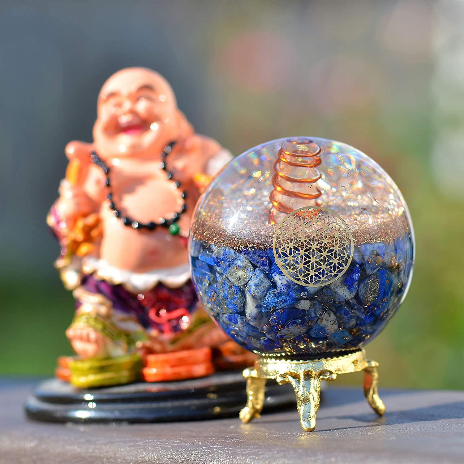 Spiritual Elementz Lapis Lazuli Orgonite Crystal Ball Orgone Sphere Energy Generator Flower of Life Healing Crystal Balancing Chakra