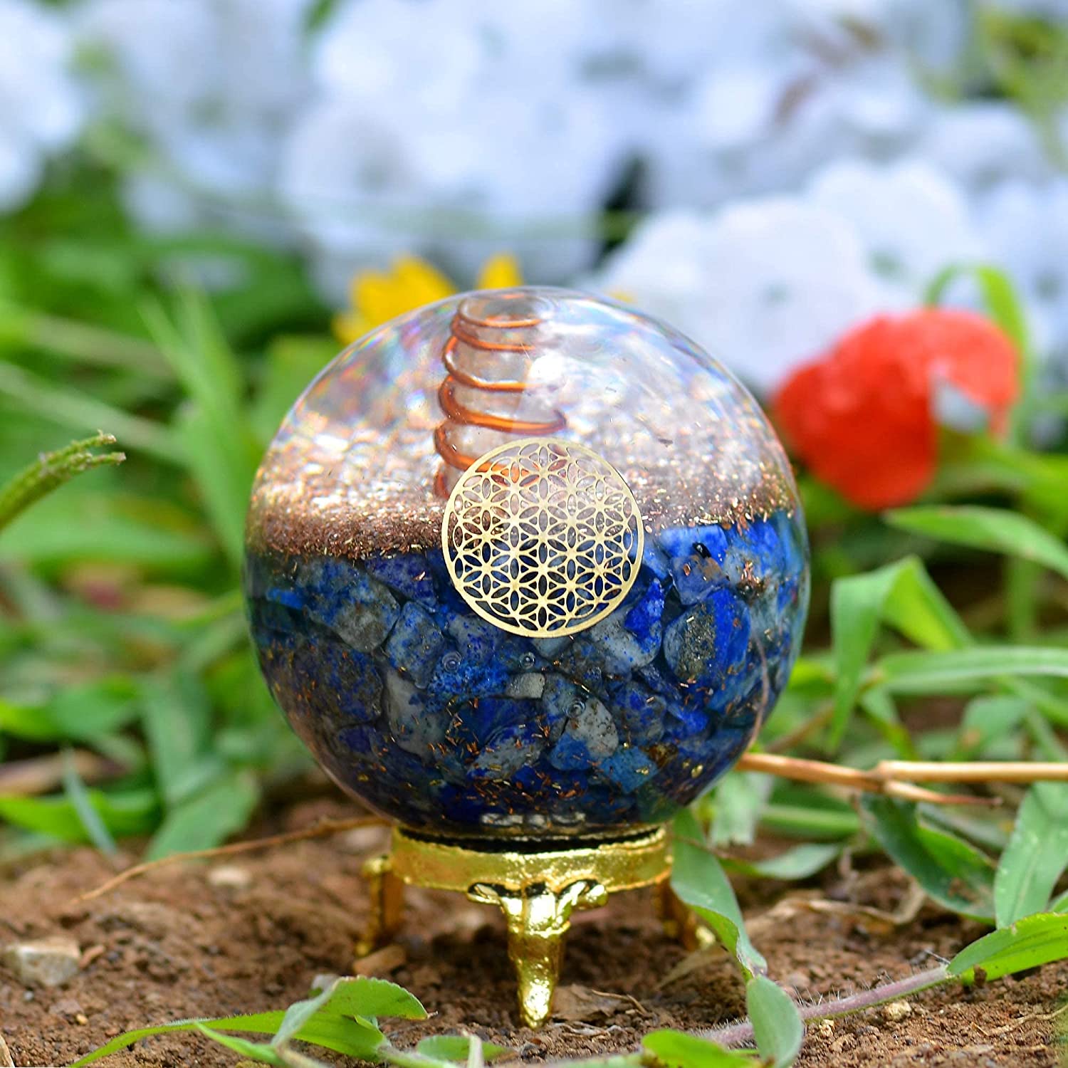 Spiritual Elementz Lapis Lazuli Orgonite Crystal Ball Orgone Sphere Energy Generator Flower of Life Healing Crystal Balancing Chakra