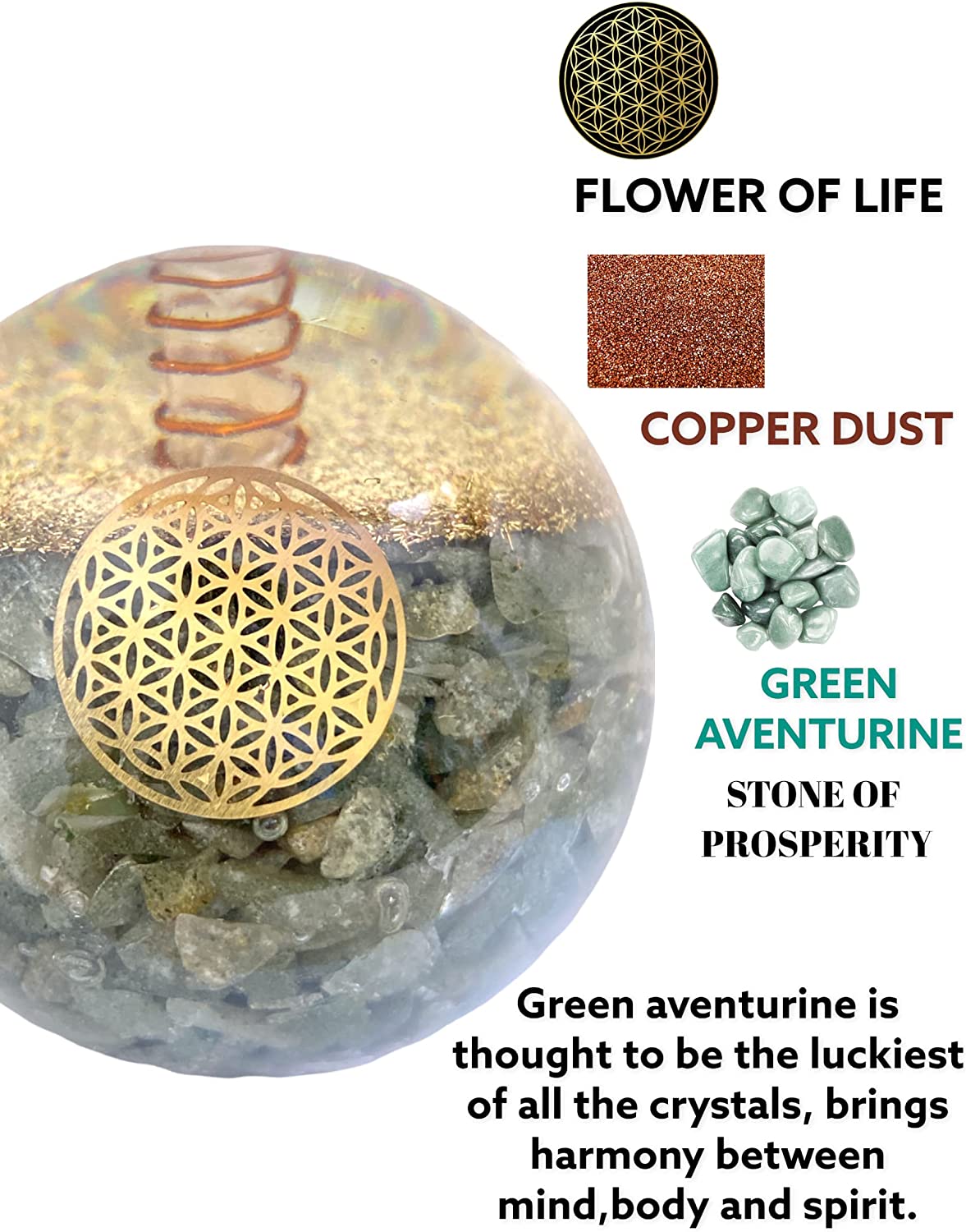 Spiritual Elementz Green Aventurine Orgonite Crystal Ball Orgone Sphere Energy Generator Flower of Life Healing Crystal Balancing Chakra