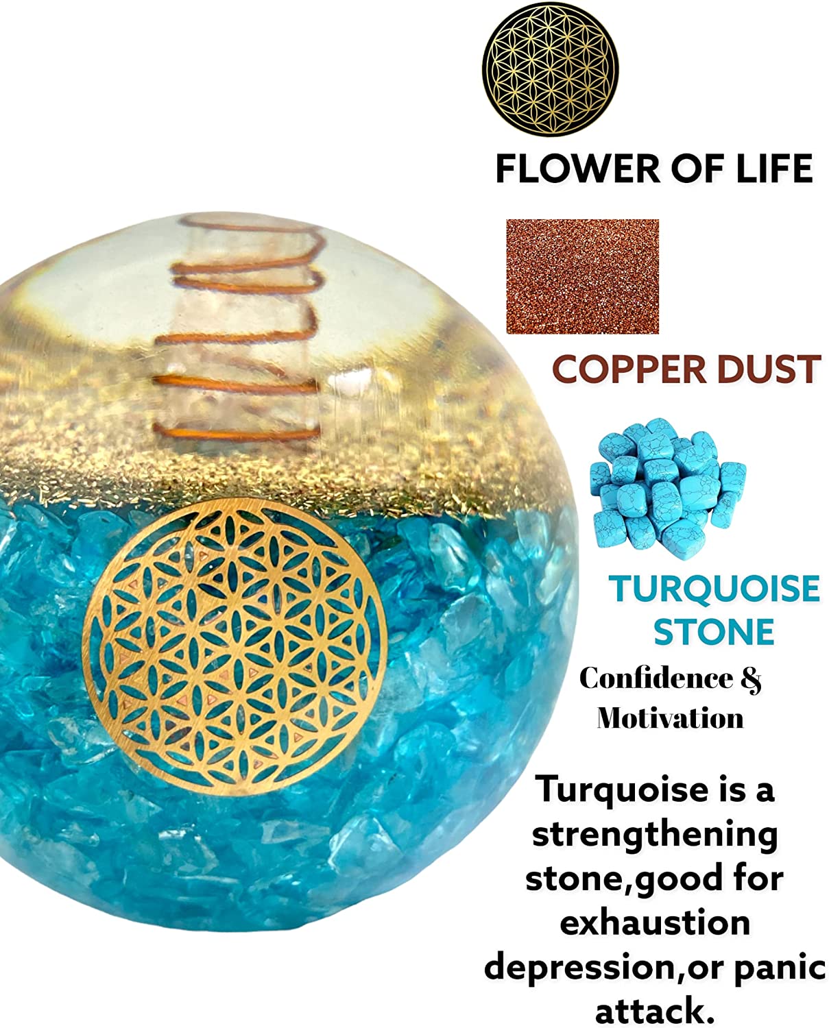 Spiritual Elementz Turquoise Orgonite Crystal Ball Orgone Sphere Energy Generator Flower of Life Healing Crystal Balancing Chakra