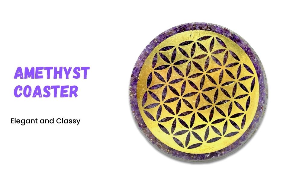 Spritual Elementz Charged Reiki Healing Crystal Orgone Coaster with Flower of Life Natural Stone Unique Home Decor Tea-Coffee Crystal Cup Mat Coaster (Amethyst)