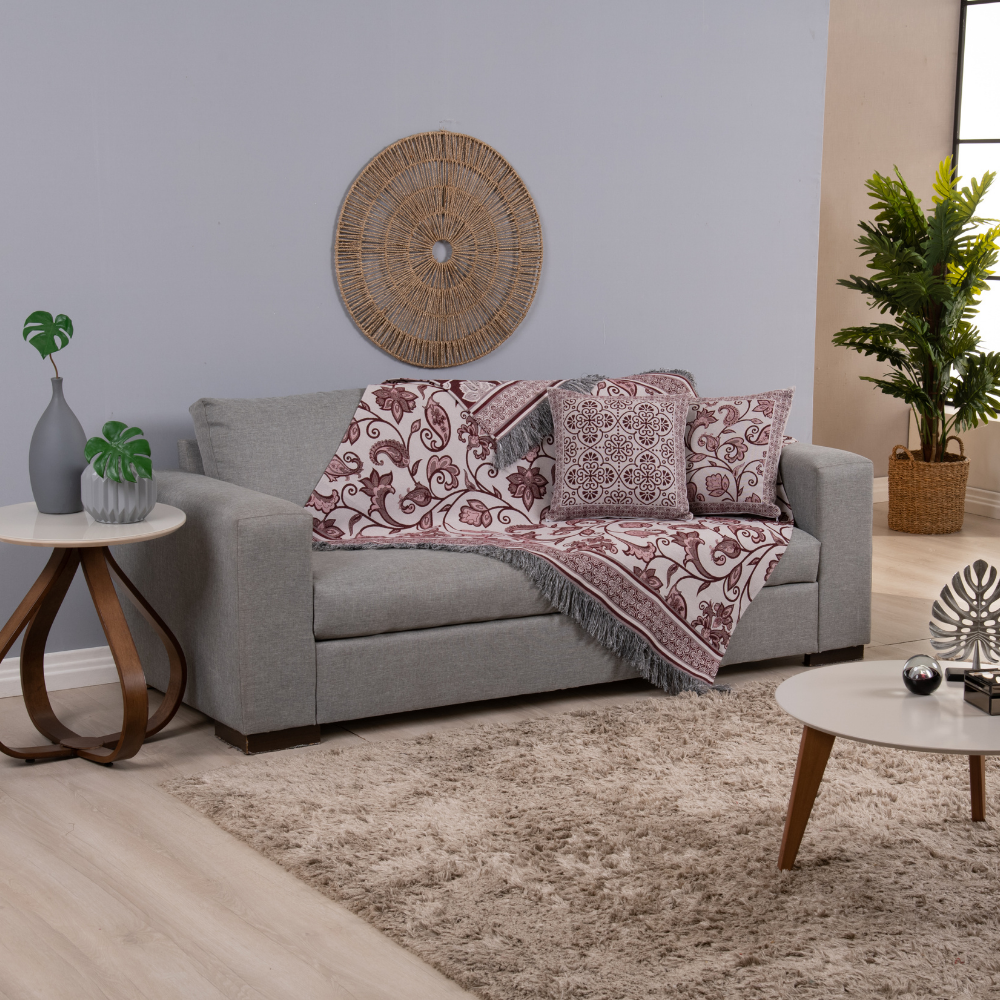 Kit 5 Peças Xale para Sofá e Almofadas Cheias Grécia Jacquard 1,35x1,35m com Franja Cáqui