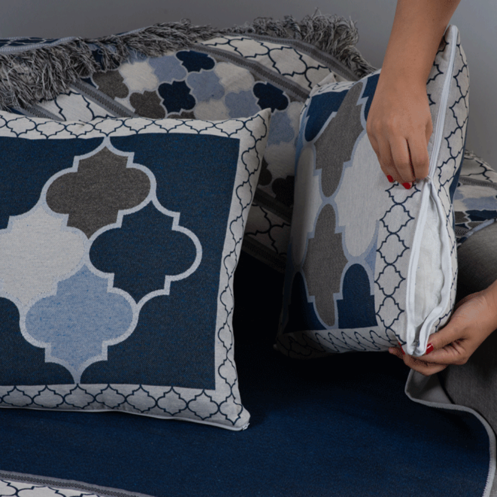 Kit 5 Peças Xale para Sofá e Almofadas Cheias Grécia Jacquard 1,35x1,35m com Franja Cáqui