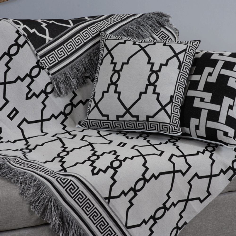 Kit 5 Peças Xale para Sofá e Almofadas Cheias Grécia Jacquard 1,35x1,35m com Franja Cáqui