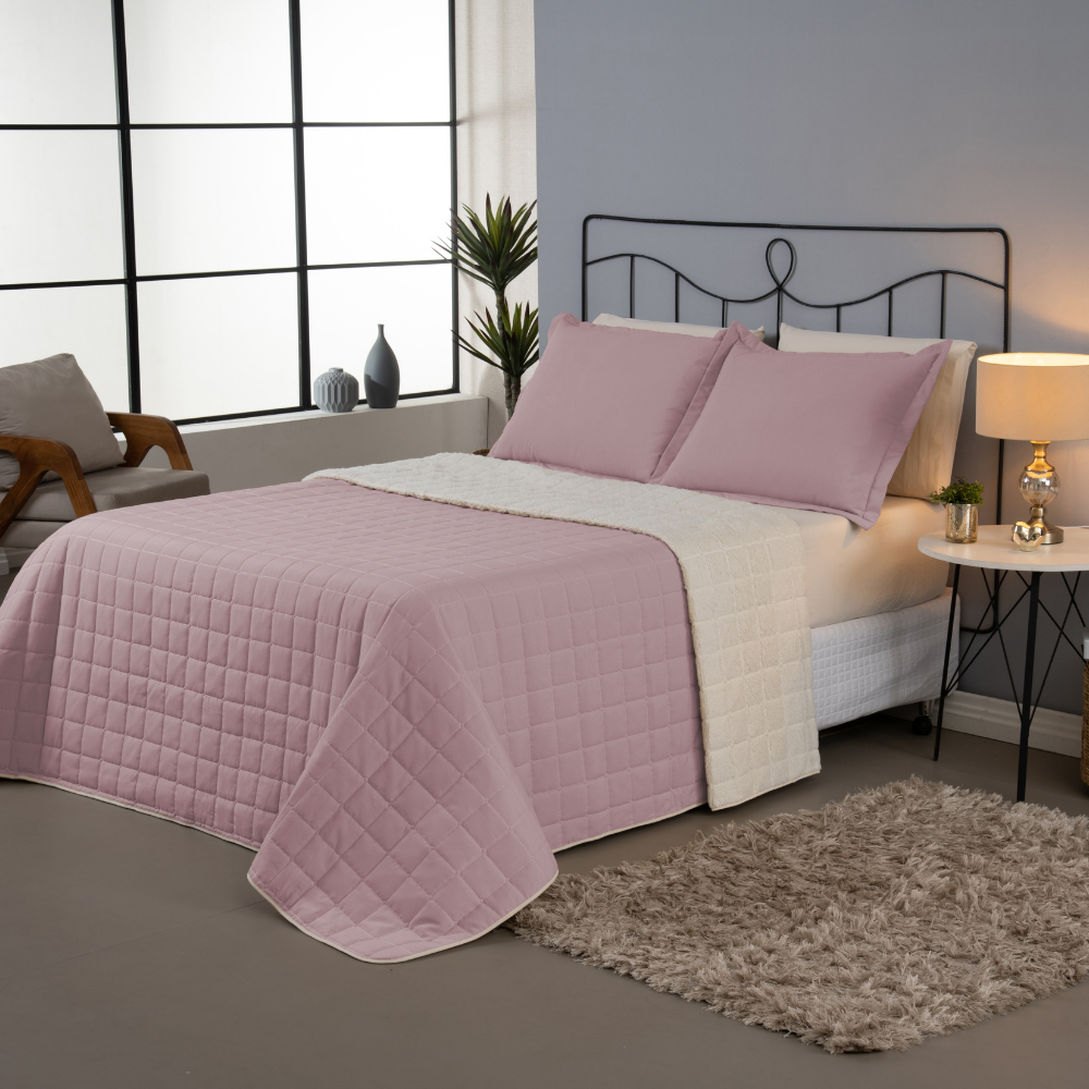 Kit 3 Peças Cobre Leito Casal Queen Dupla Face Matelado Sherpa de Carneiro Percal 180 Fios 