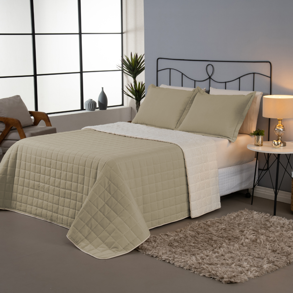 Kit 3 Peças Cobre Leito Casal Padrão Dupla Face Matelado Sherpa de Carneiro Percal 180 Fios 