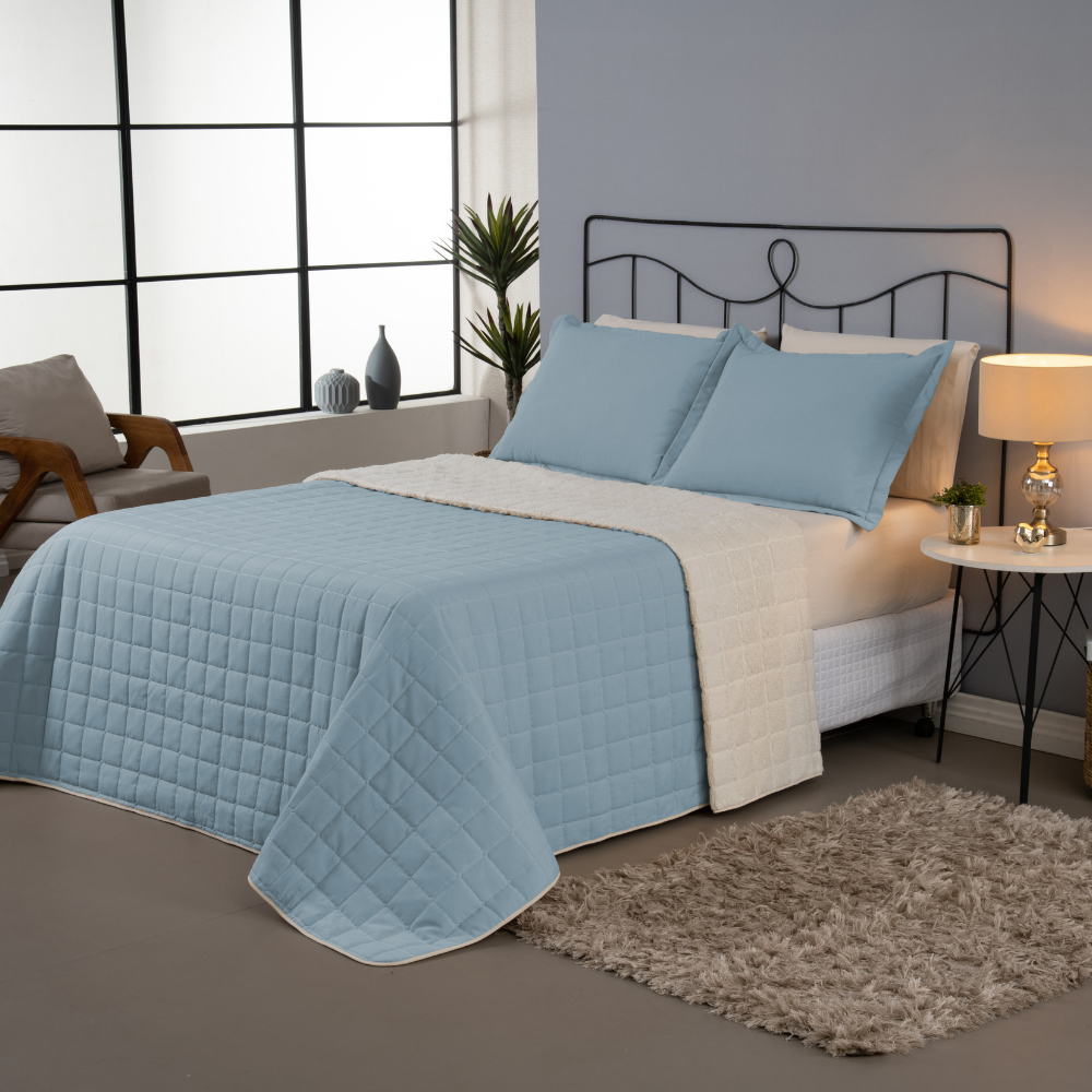 Kit 3 Peças Cobre Leito Casal Padrão Dupla Face Matelado Sherpa de Carneiro Percal 180 Fios 