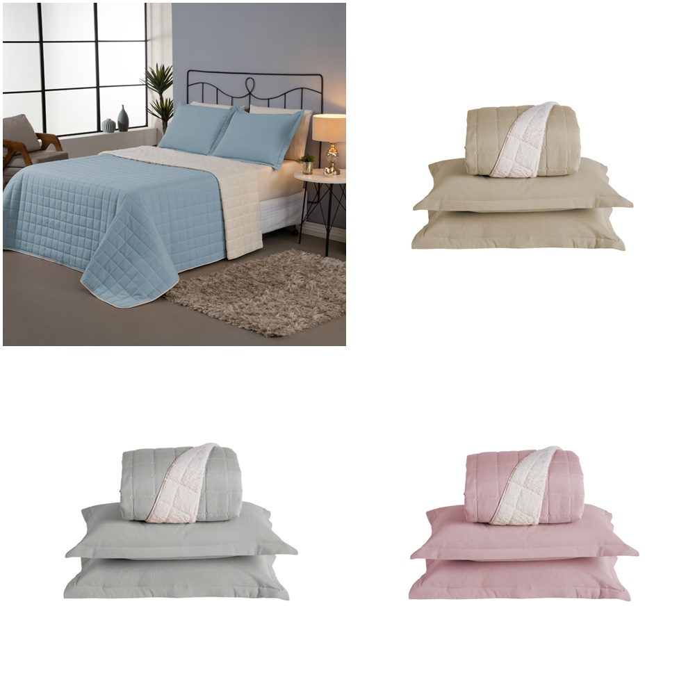 Kit 3 Peças Cobre Leito Casal Padrão Dupla Face Matelado Sherpa de Carneiro Percal 180 Fios 