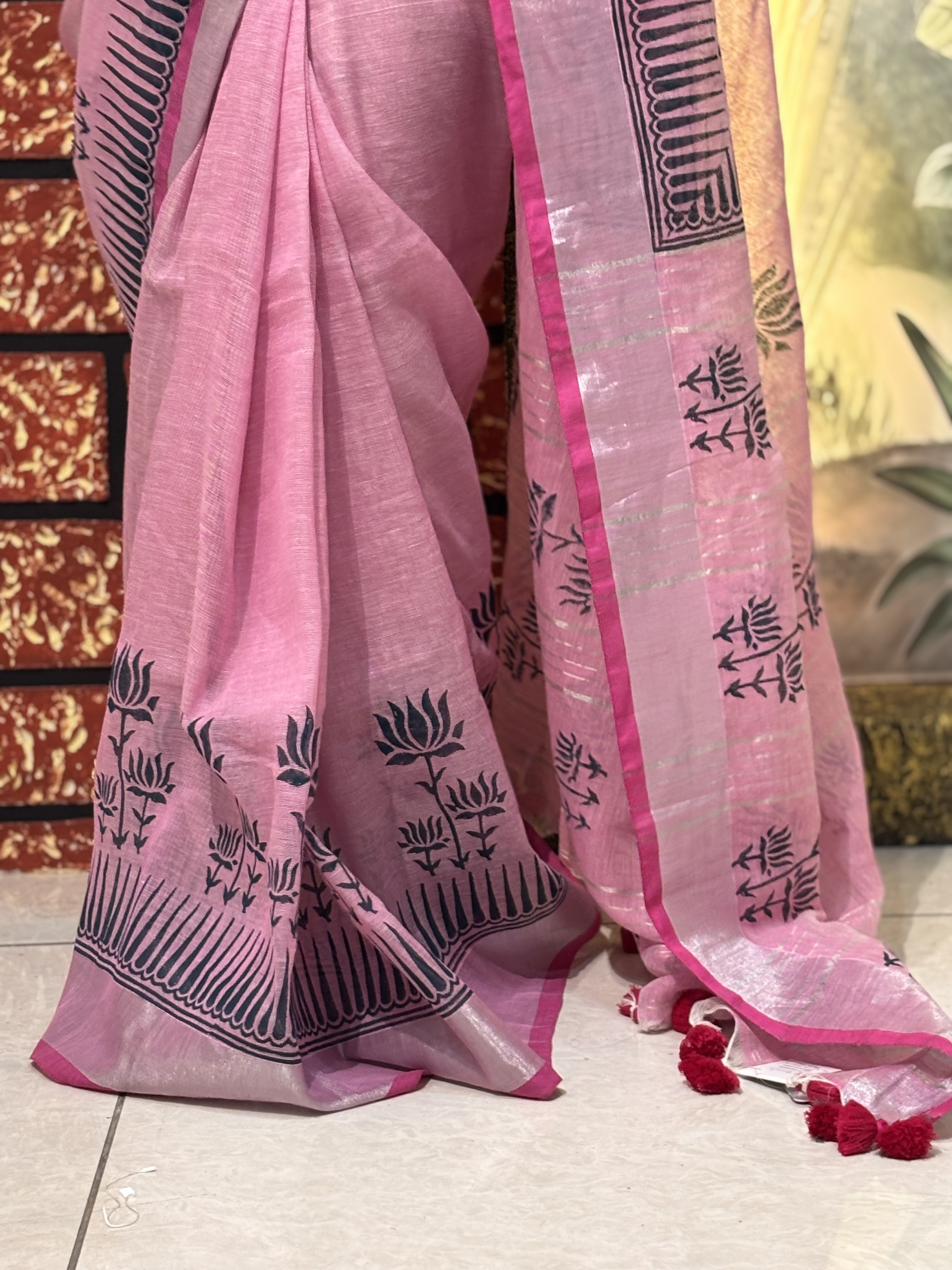 Linen Hand Block Printed Saree | Artisan Crafted