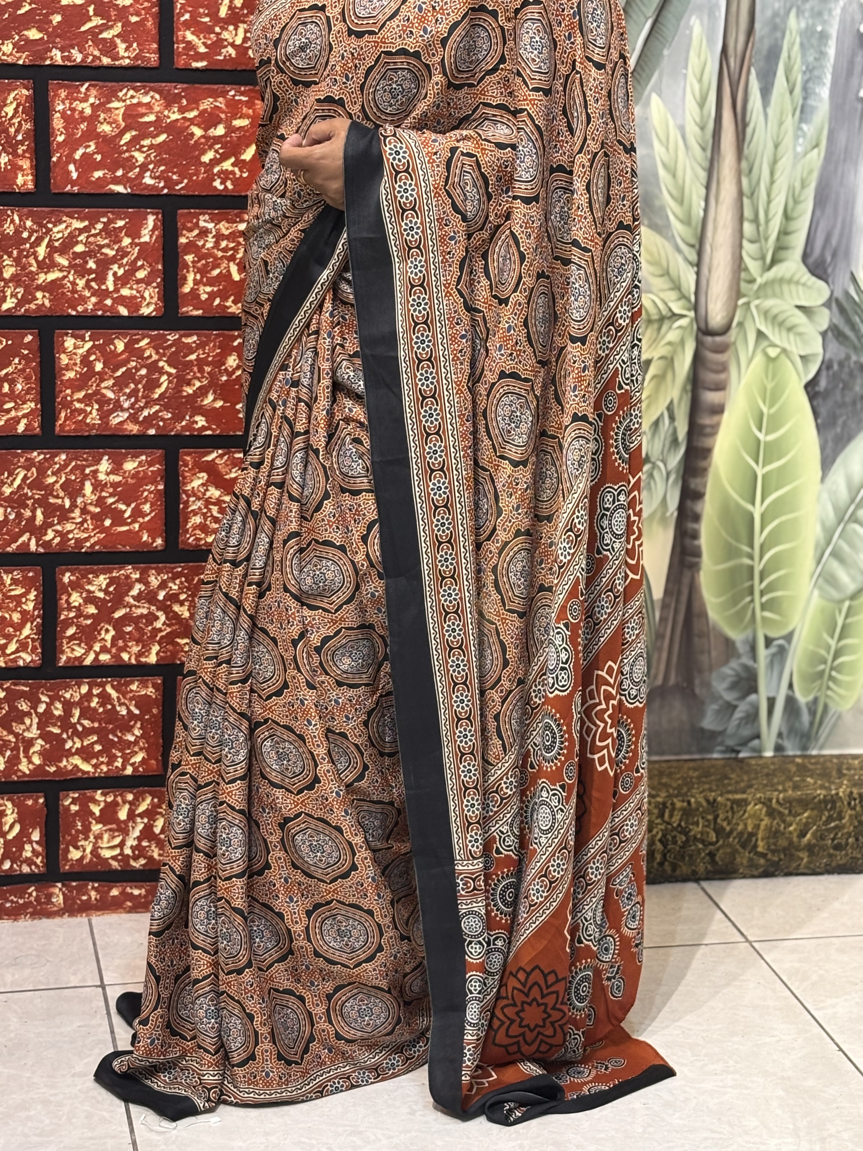 Semi Modal Ajrakh Printed Saree | Handcrafted Elegance