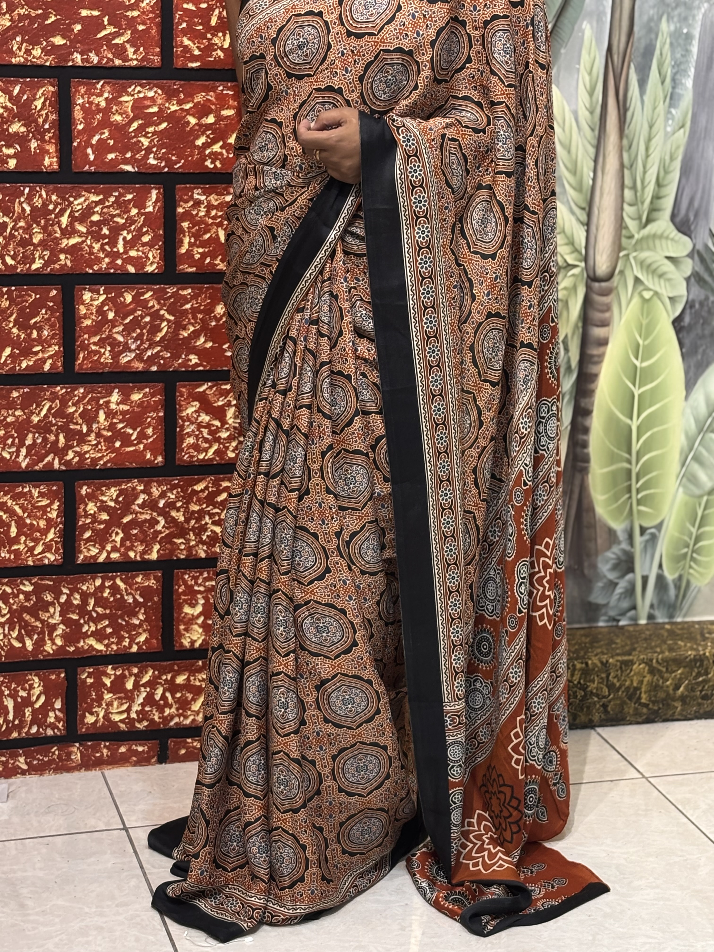 Semi Modal Ajrakh Printed Saree | Handcrafted Elegance