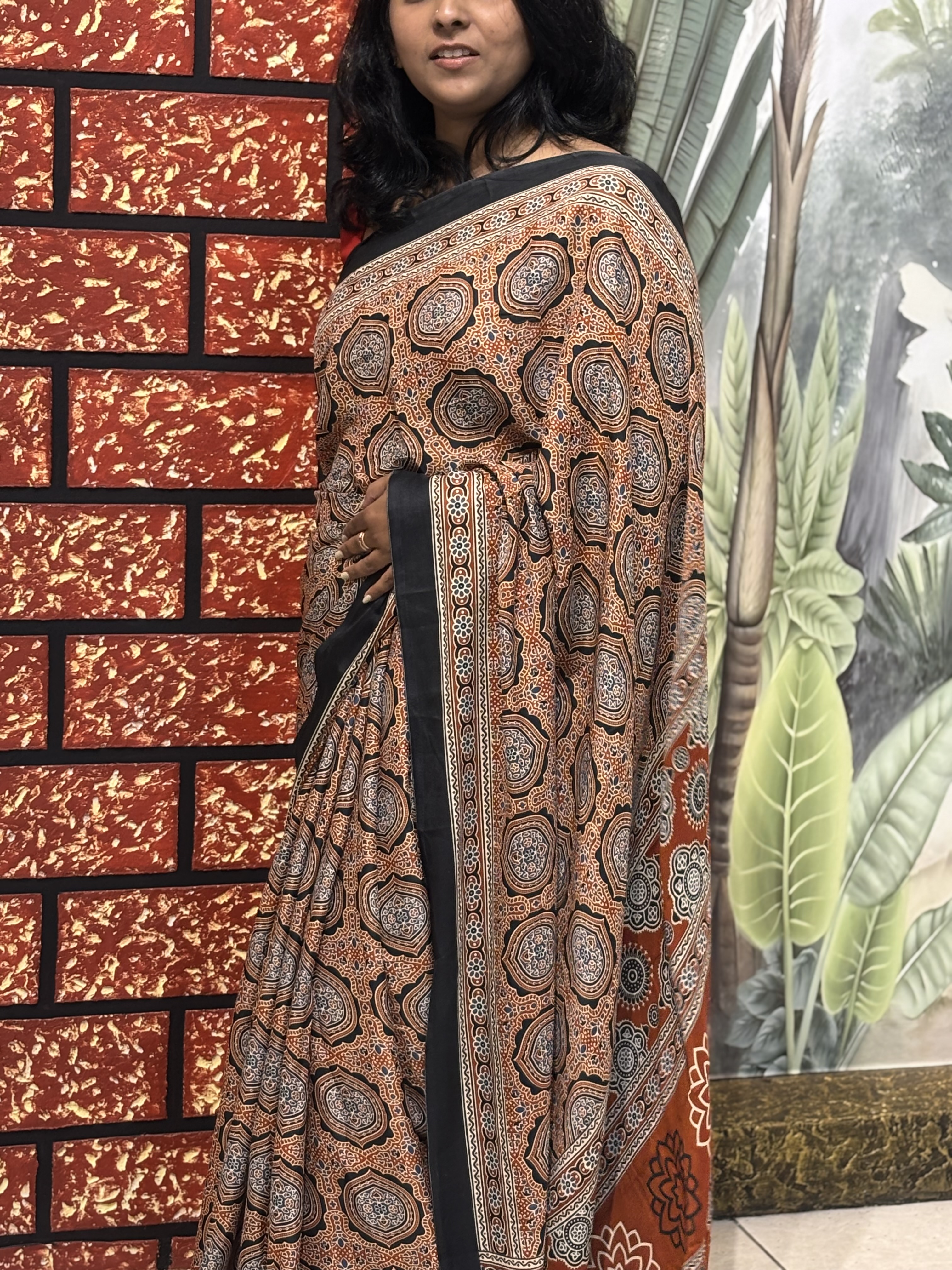 Semi Modal Ajrakh Printed Saree | Handcrafted Elegance