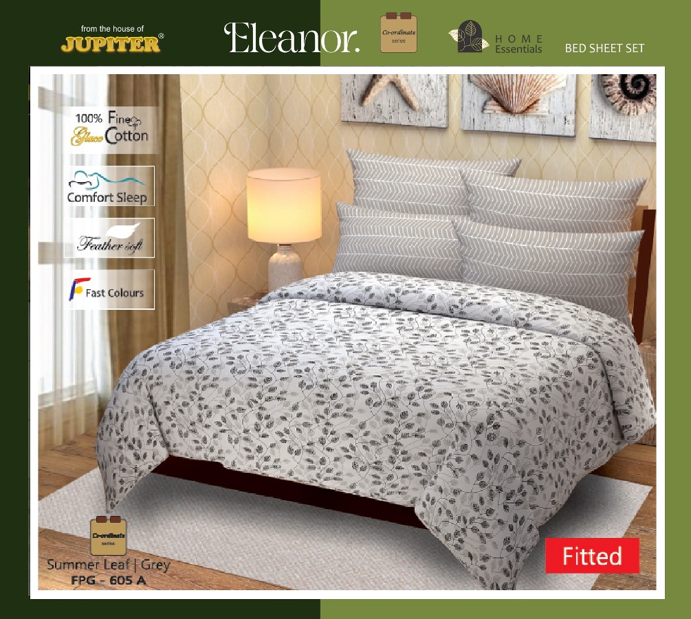 Next Space - Super King 108 x 108 Soft Cotton Feel Bed Sheet with Pillow Covers - NX 605 - Summer Leaf | Grey