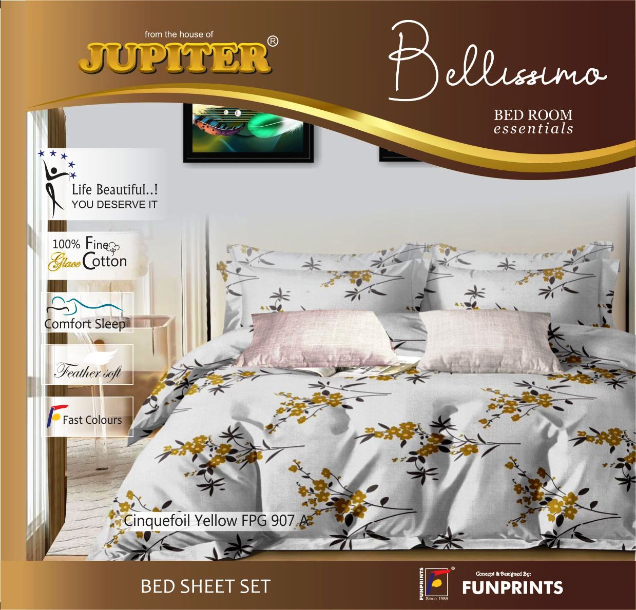 Next Space - Soft Cotton Feel Bed Sheet with Pillow Covers - NX907- Cinquefoil - Yellow