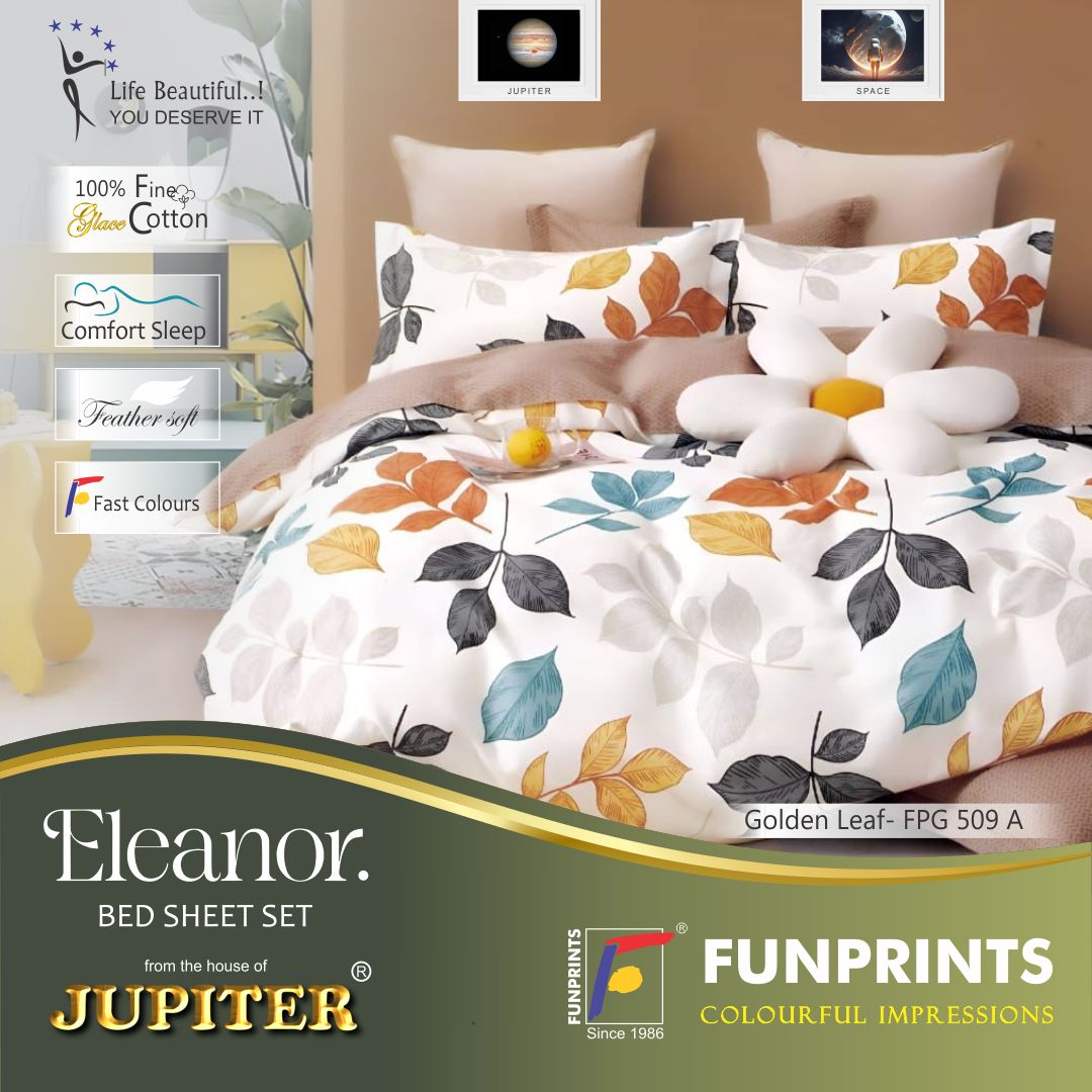 Next Space - Super King 108 x 108 Soft Cotton Feel Bed Sheet with Pillow Covers - NX 509 - Golden Leaf