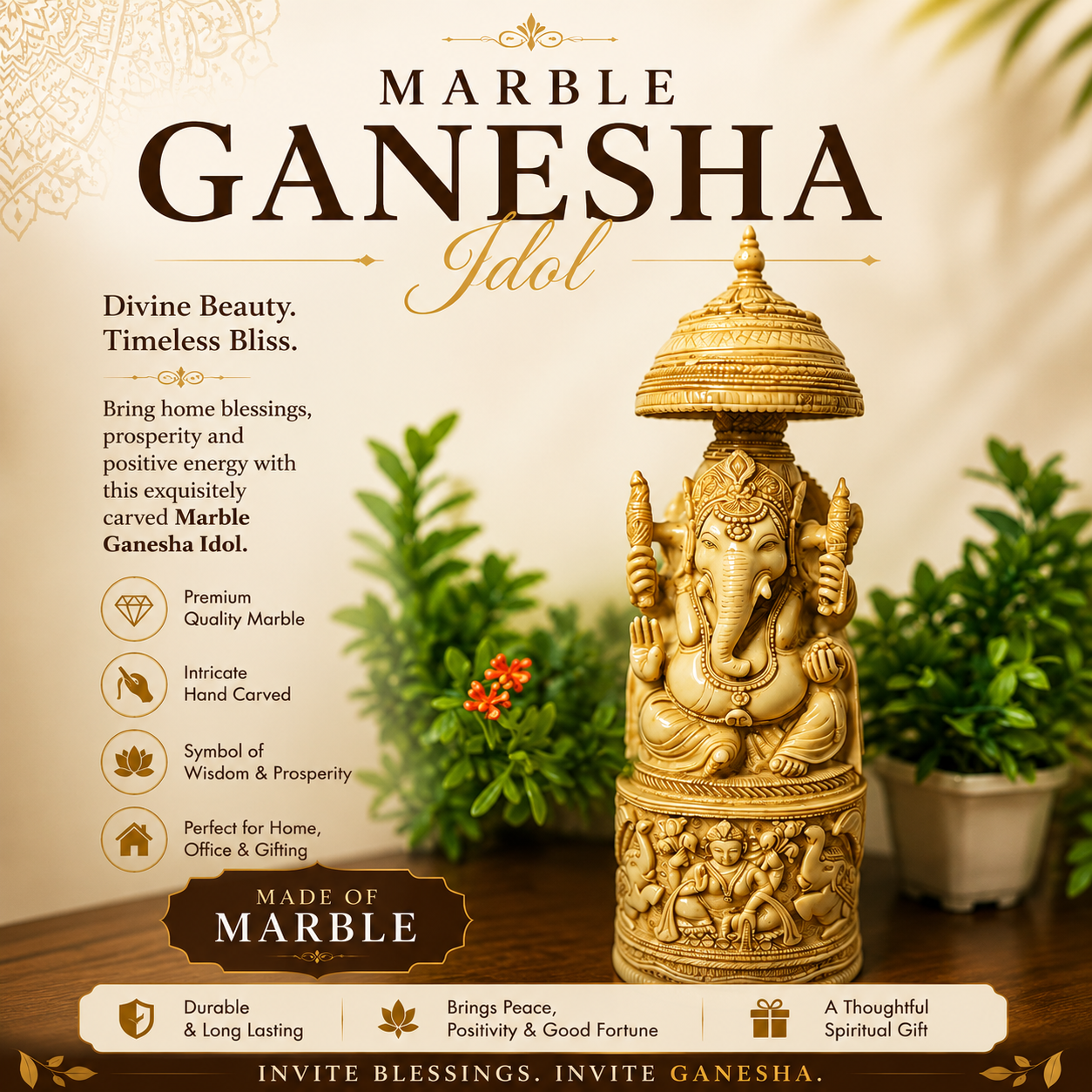 Marble Ganesha Idol – Handcrafted Symbol of Prosperity & Blessings