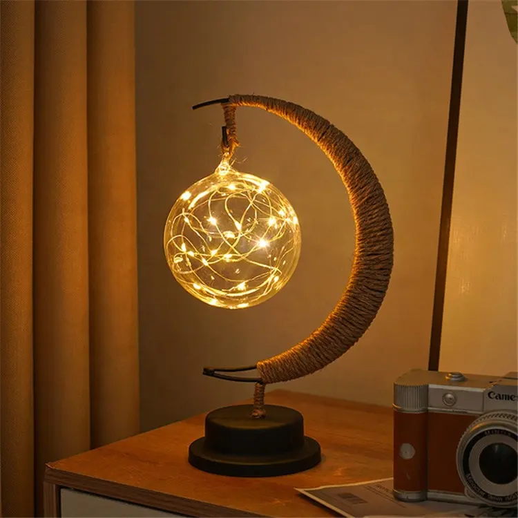 Handgefertigte Rattan-Glaskugel-Lampe mit Stern- und Monddesign || Handmade Rattan Glass Ball Lamp with Star and Moon Design
