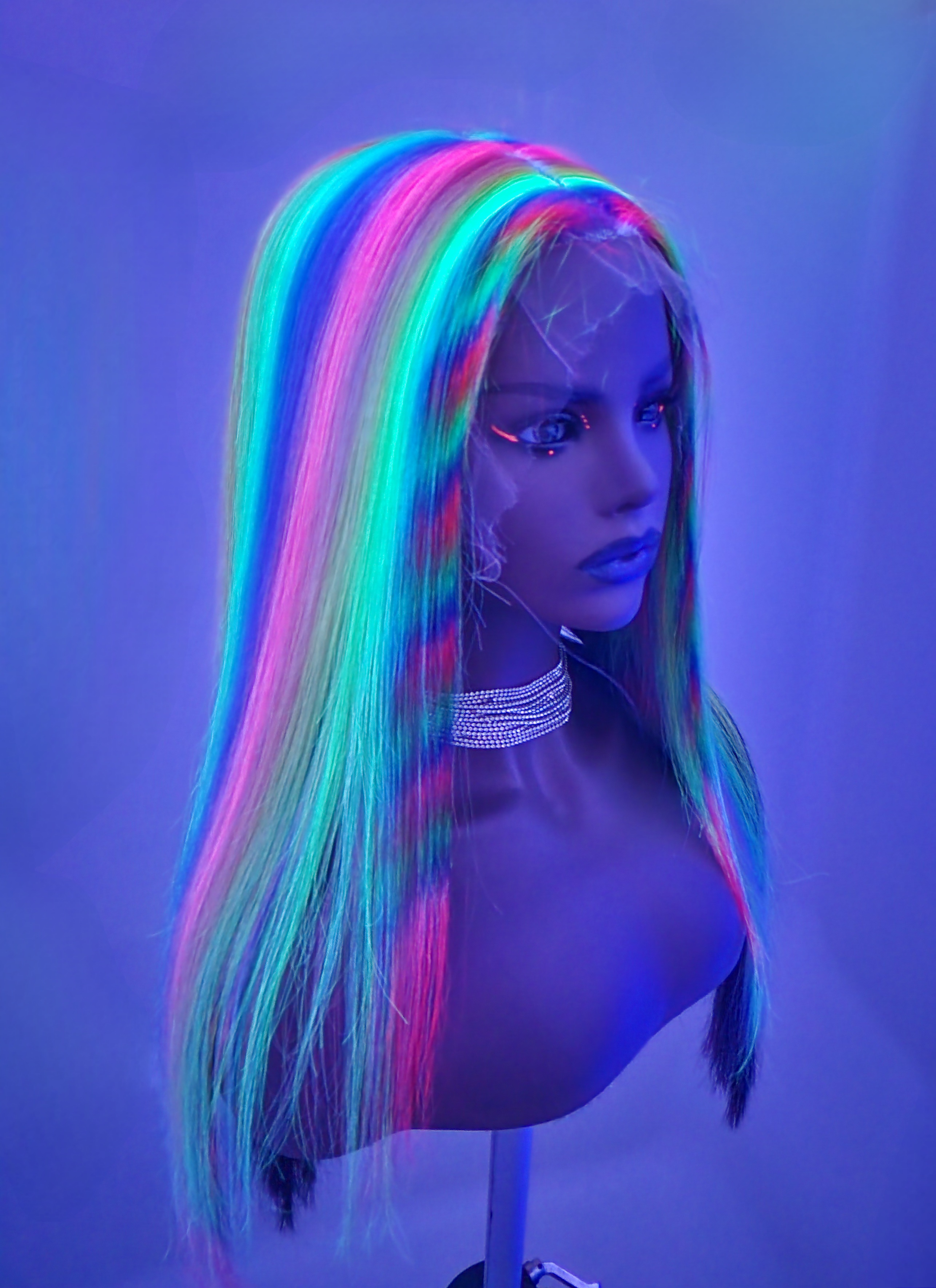 22"  13x6  Human Hair HD Lace frontal wig, Neon Rainbow prism with Black bottom section