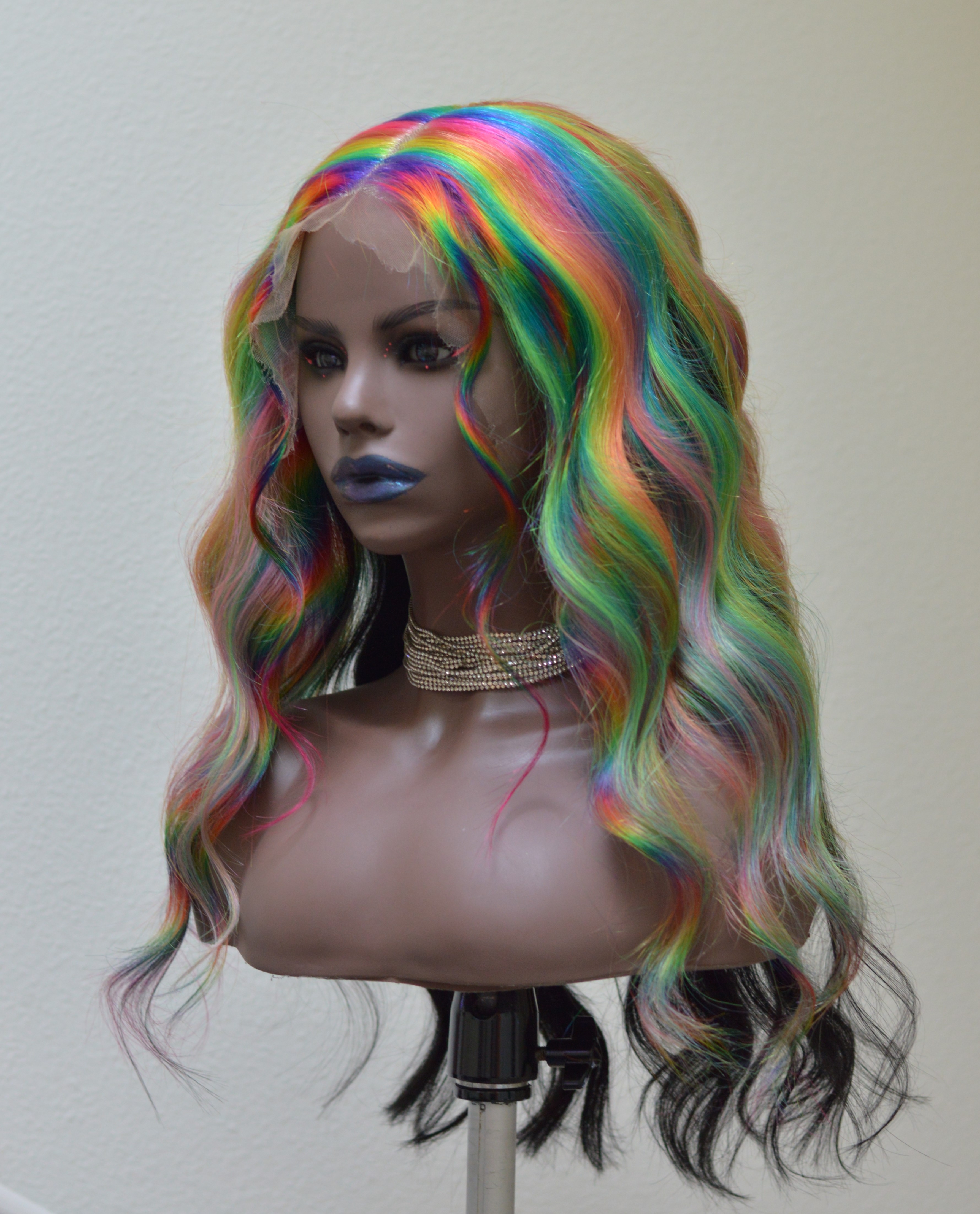 22"  13x6  Human Hair HD Lace frontal wig, Neon Rainbow prism with Black bottom section