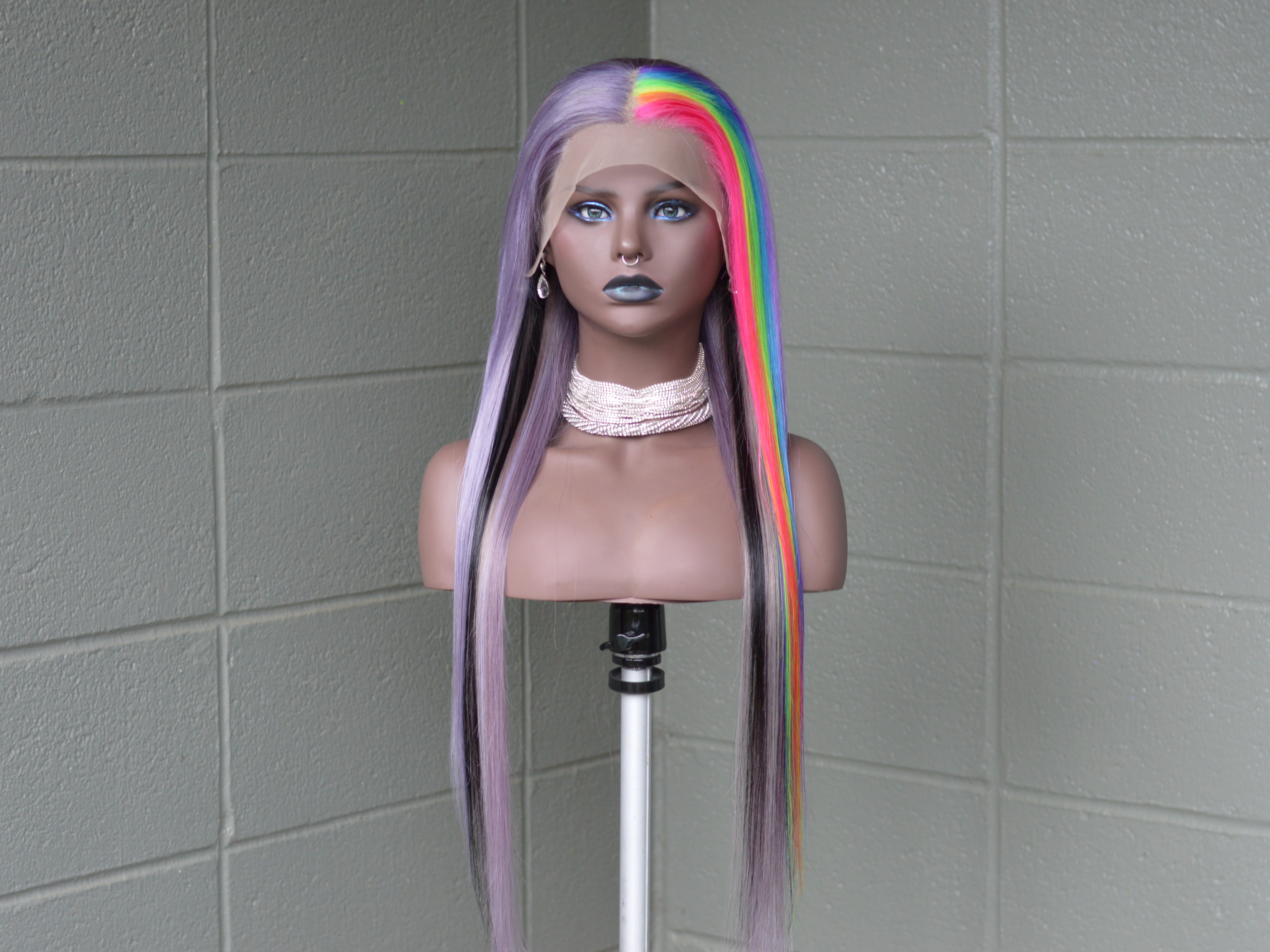 26" Human Hair Lace front wig, Half Silver-Lilac & Half Vertical Rainbow with Black highlights