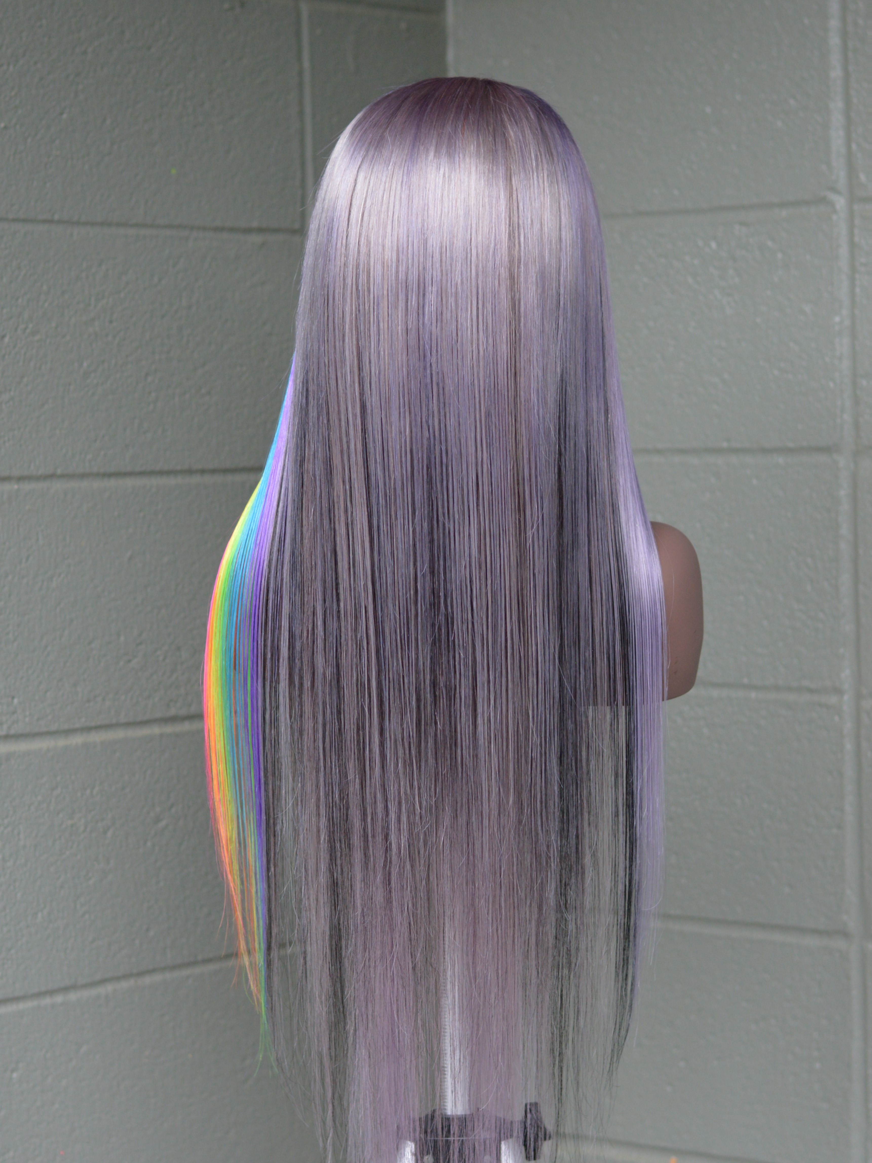 26" Human Hair Lace front wig, Half Silver-Lilac & Half Vertical Rainbow with Black highlights