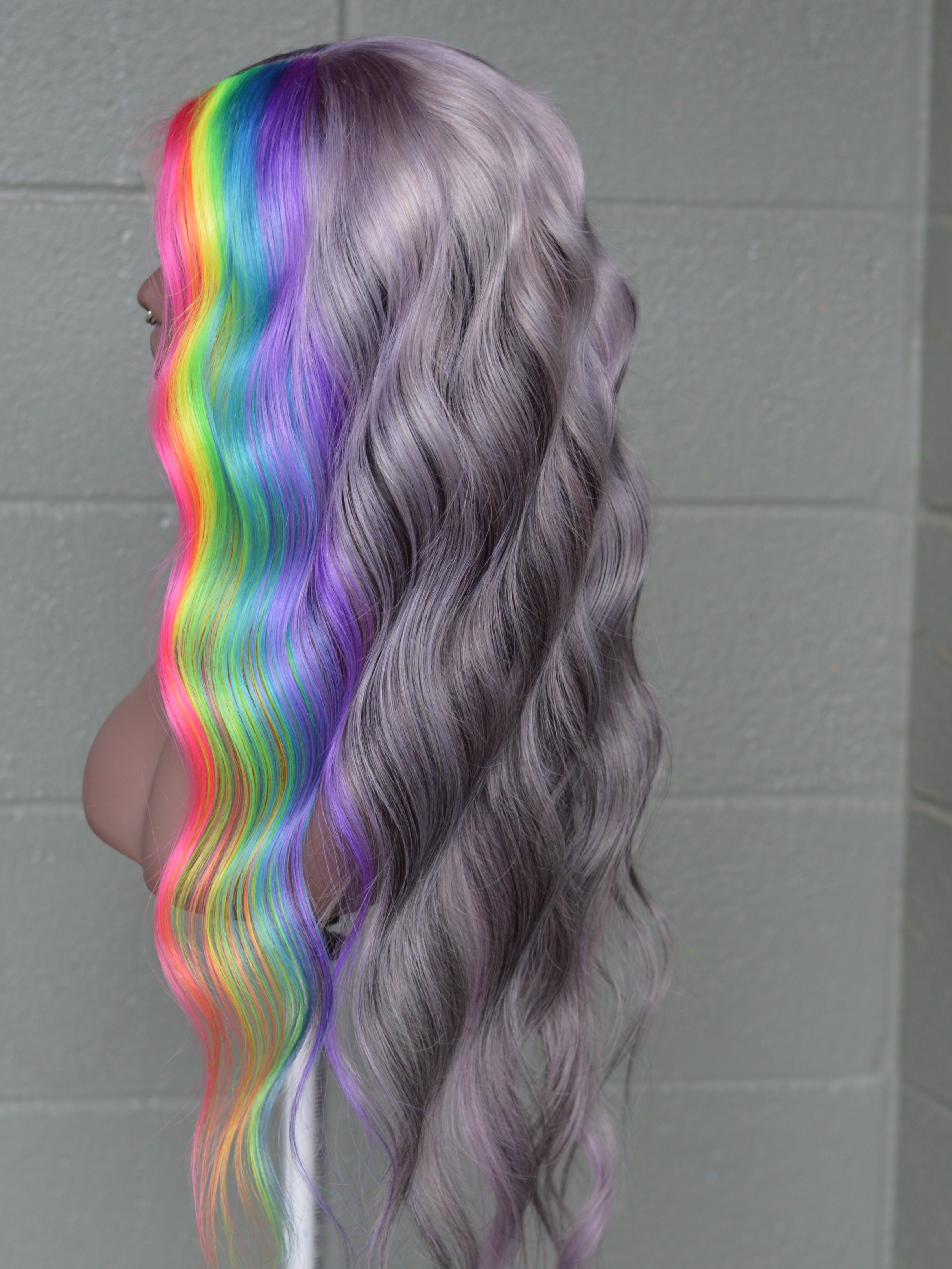 26" Human Hair Lace front wig, Half Silver-Lilac & Half Vertical Rainbow with Black highlights