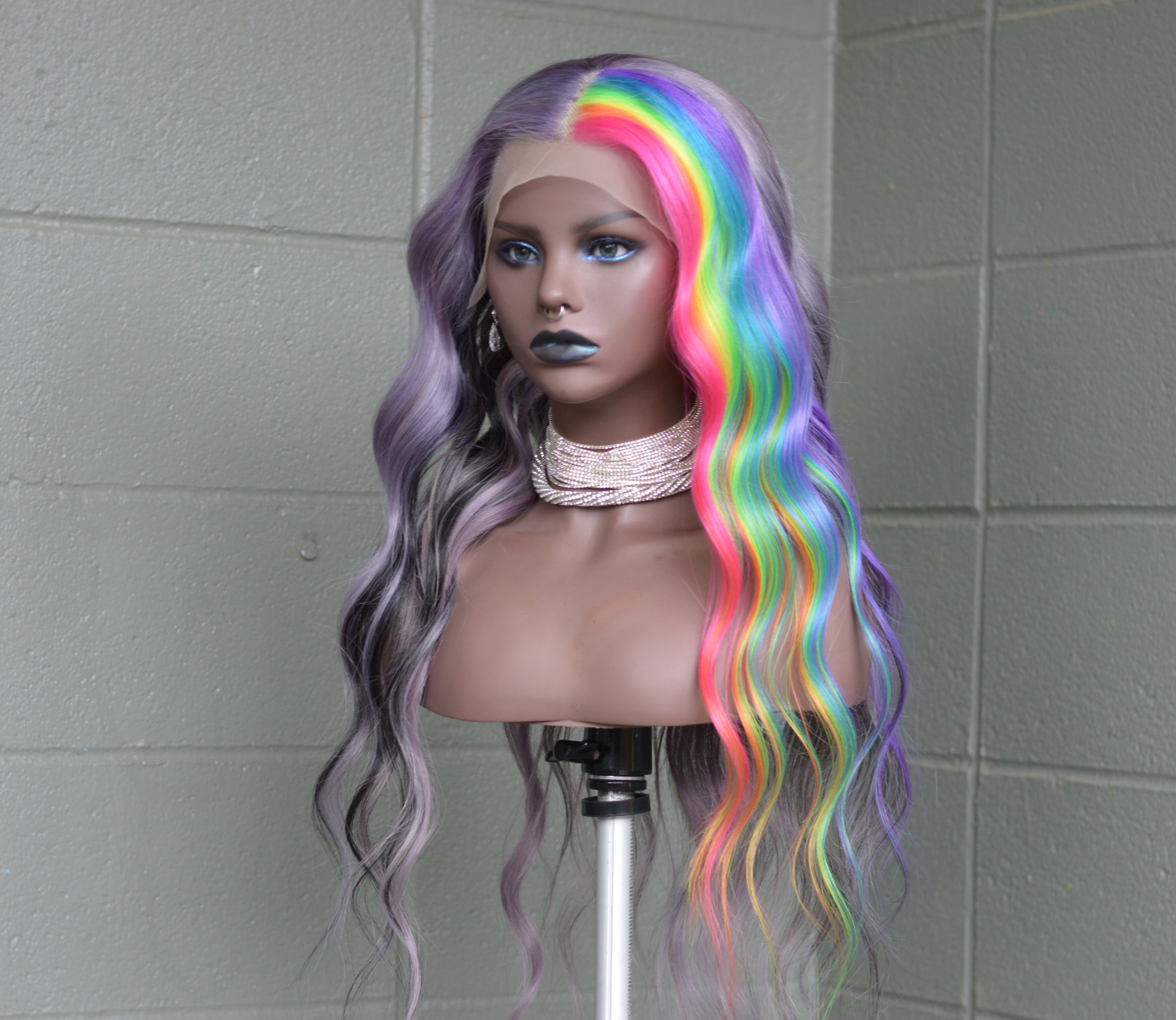 26" Human Hair Lace front wig, Half Silver-Lilac & Half Vertical Rainbow with Black highlights