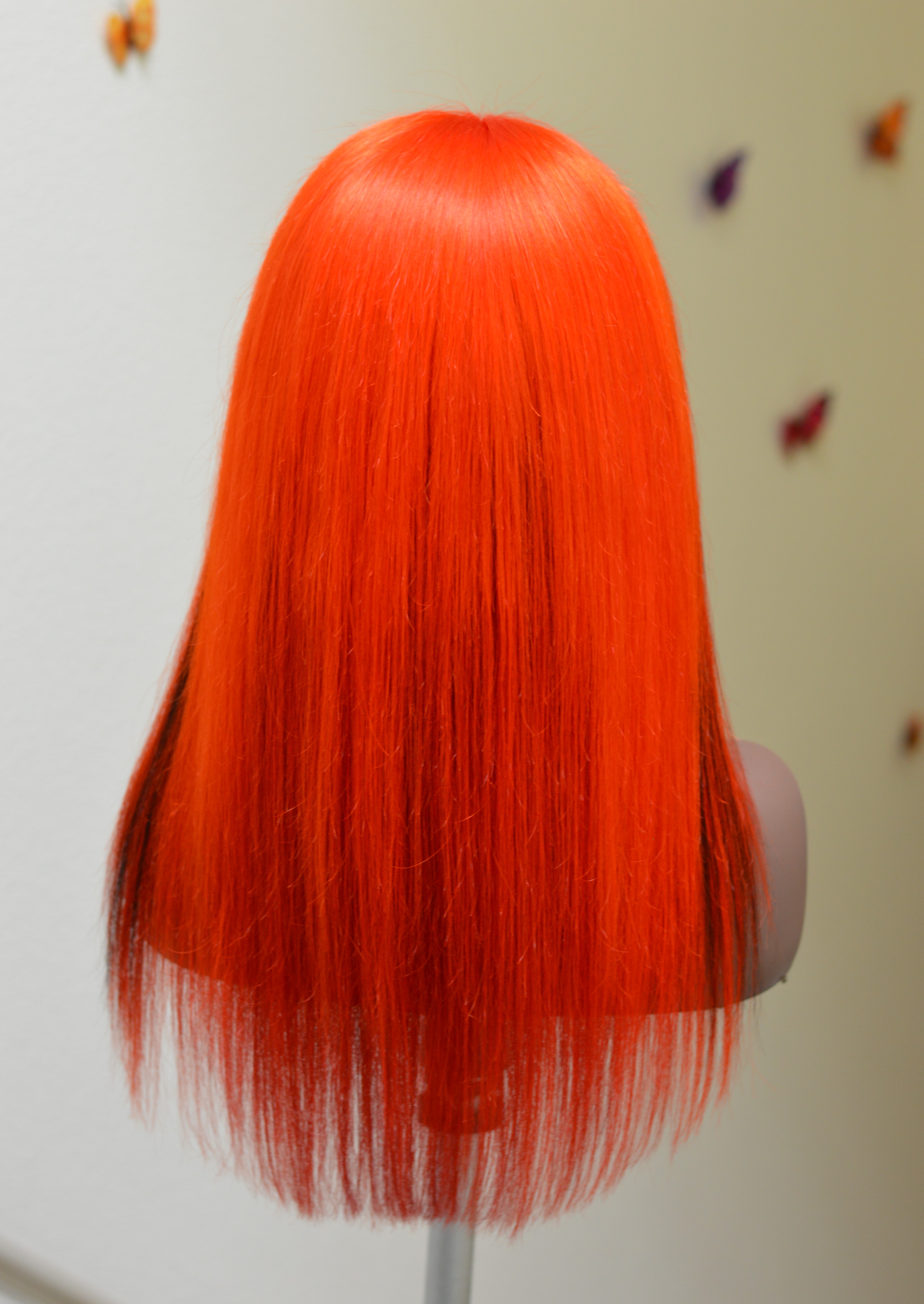 18" Human Hair Lace Front Wig, Bright Orange with Rainbow highlight money piece, black steaks and red lowlights