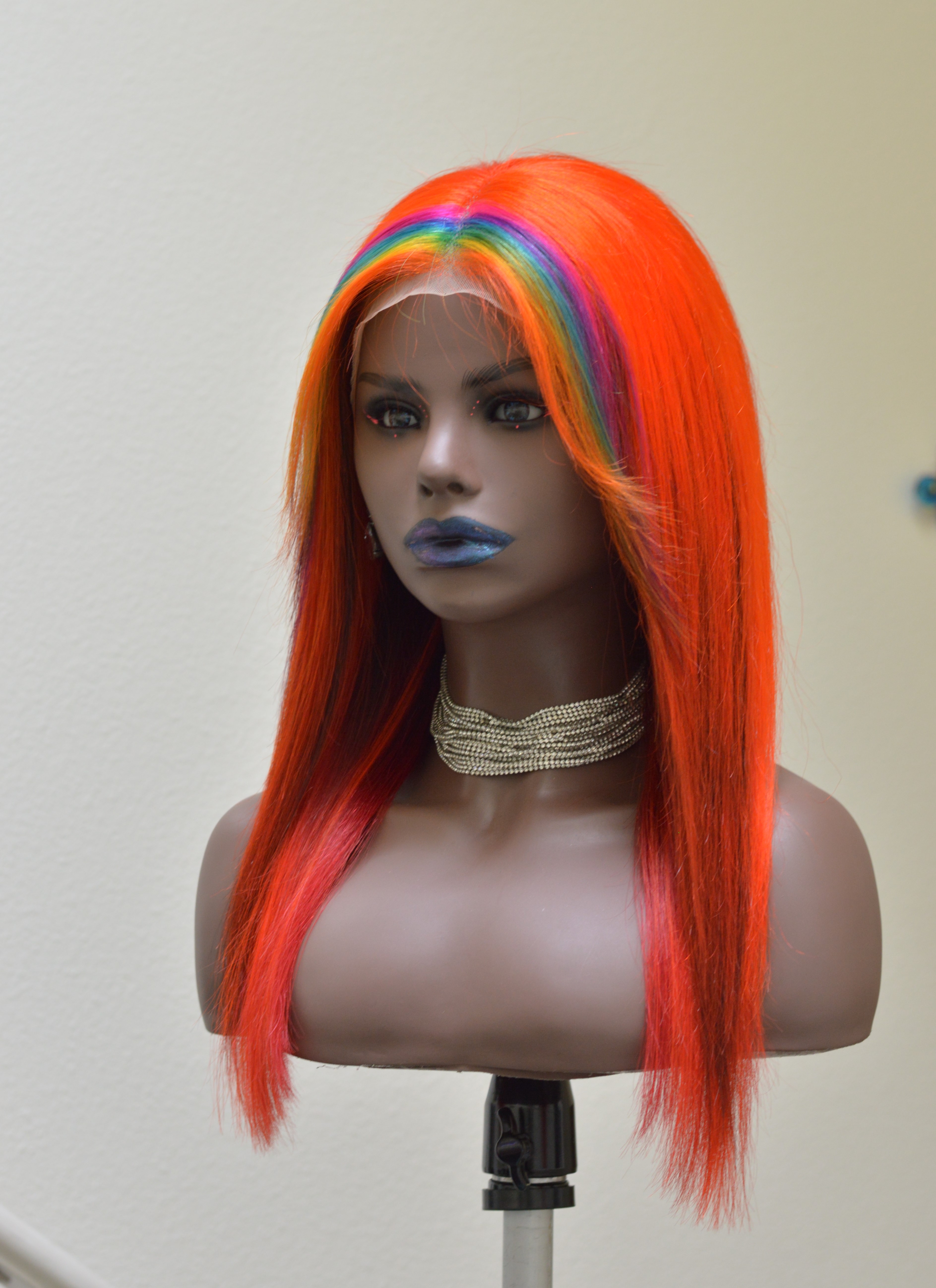 18" Human Hair Lace Front Wig, Bright Orange with Rainbow highlight money piece, black steaks and red lowlights