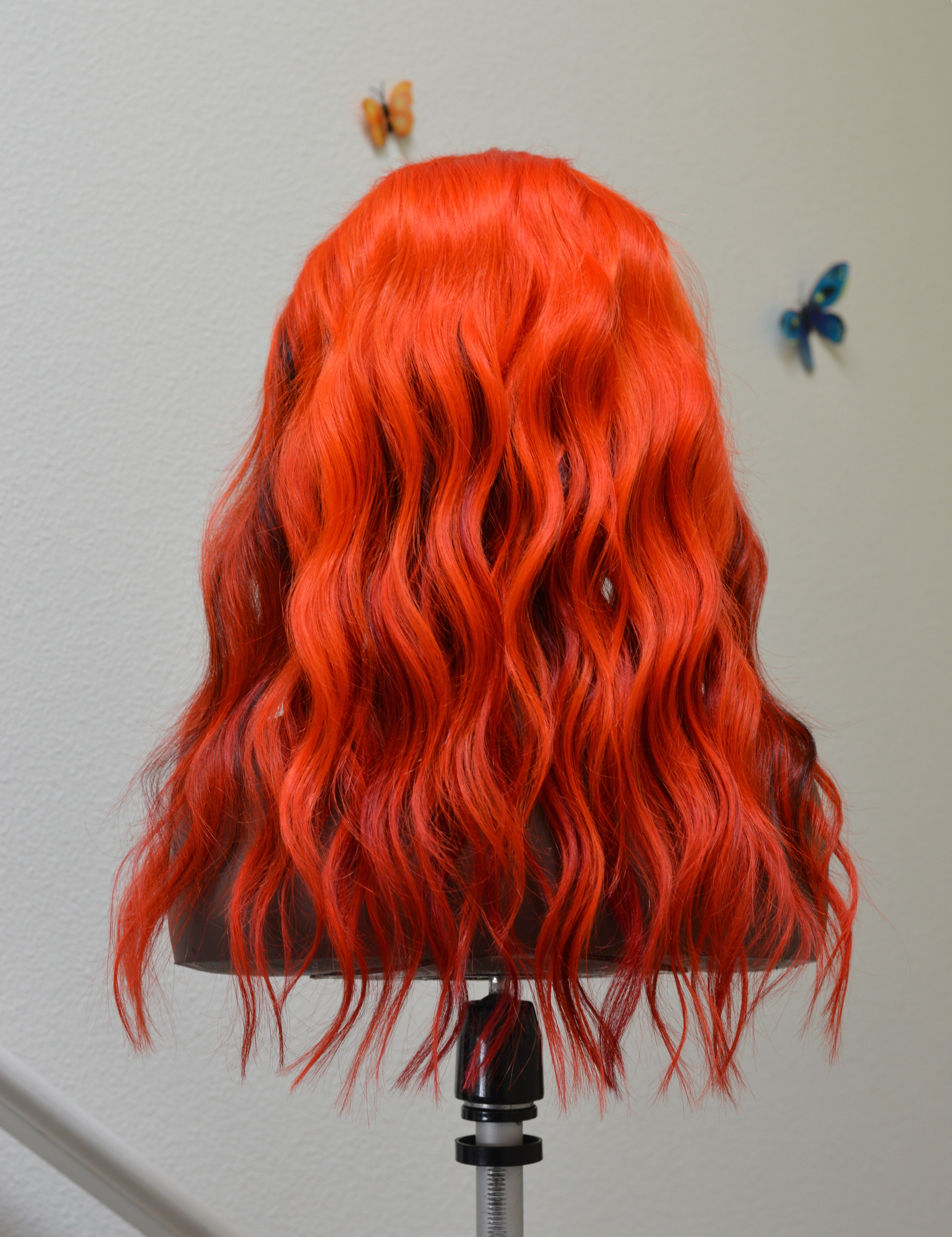 18" Human Hair Lace Front Wig, Bright Orange with Rainbow highlight money piece, black steaks and red lowlights