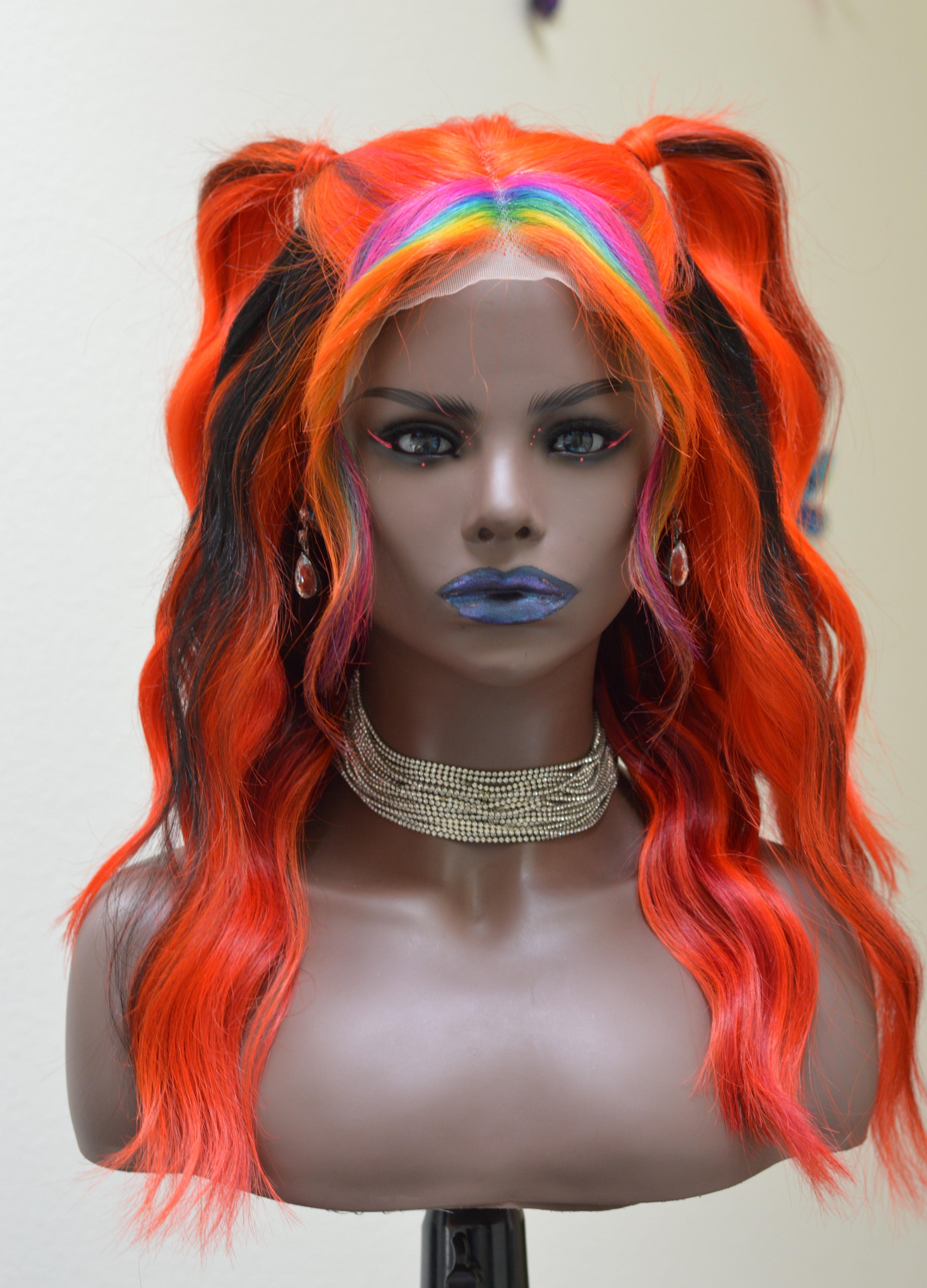 18" Human Hair Lace Front Wig, Bright Orange with Rainbow highlight money piece, black steaks and red lowlights