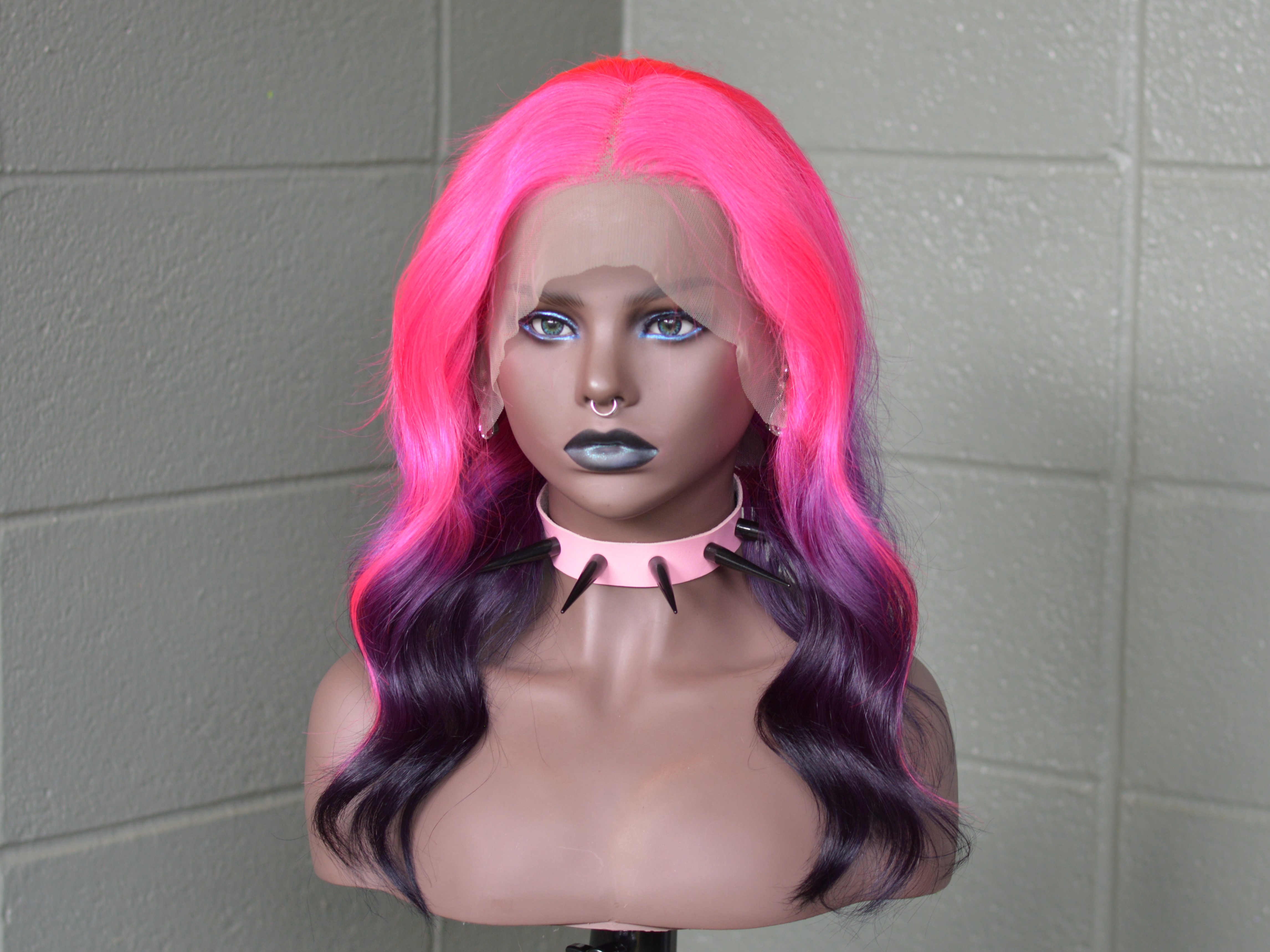 18" Human Hair Lace Front Wig, Chromatica inspired Bright neon Pink to Purple and Black