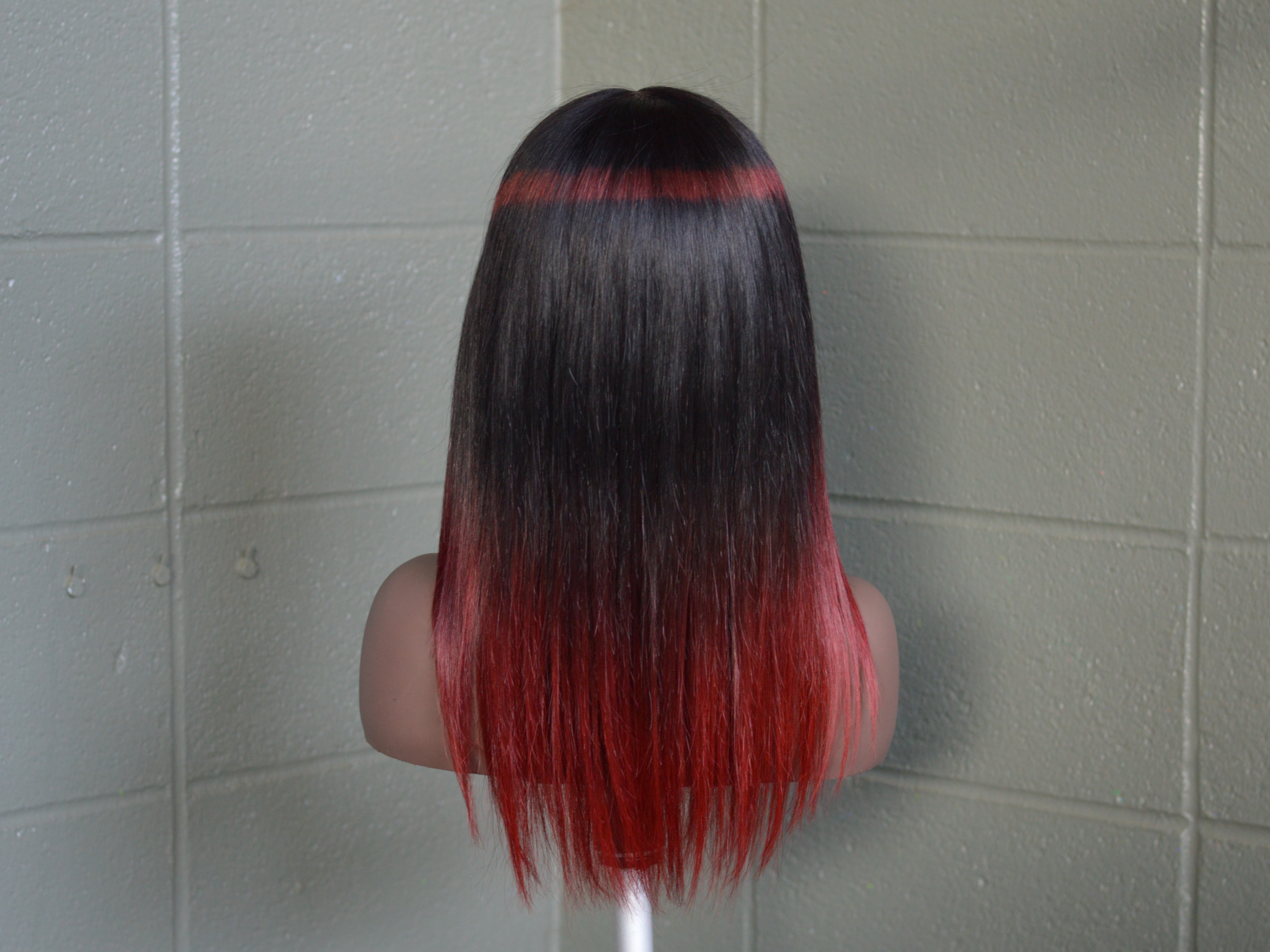 16 " inch 13x6 HD Lace Frontal Human Hair Wig Dark brown with Red ombre and Red Shineline