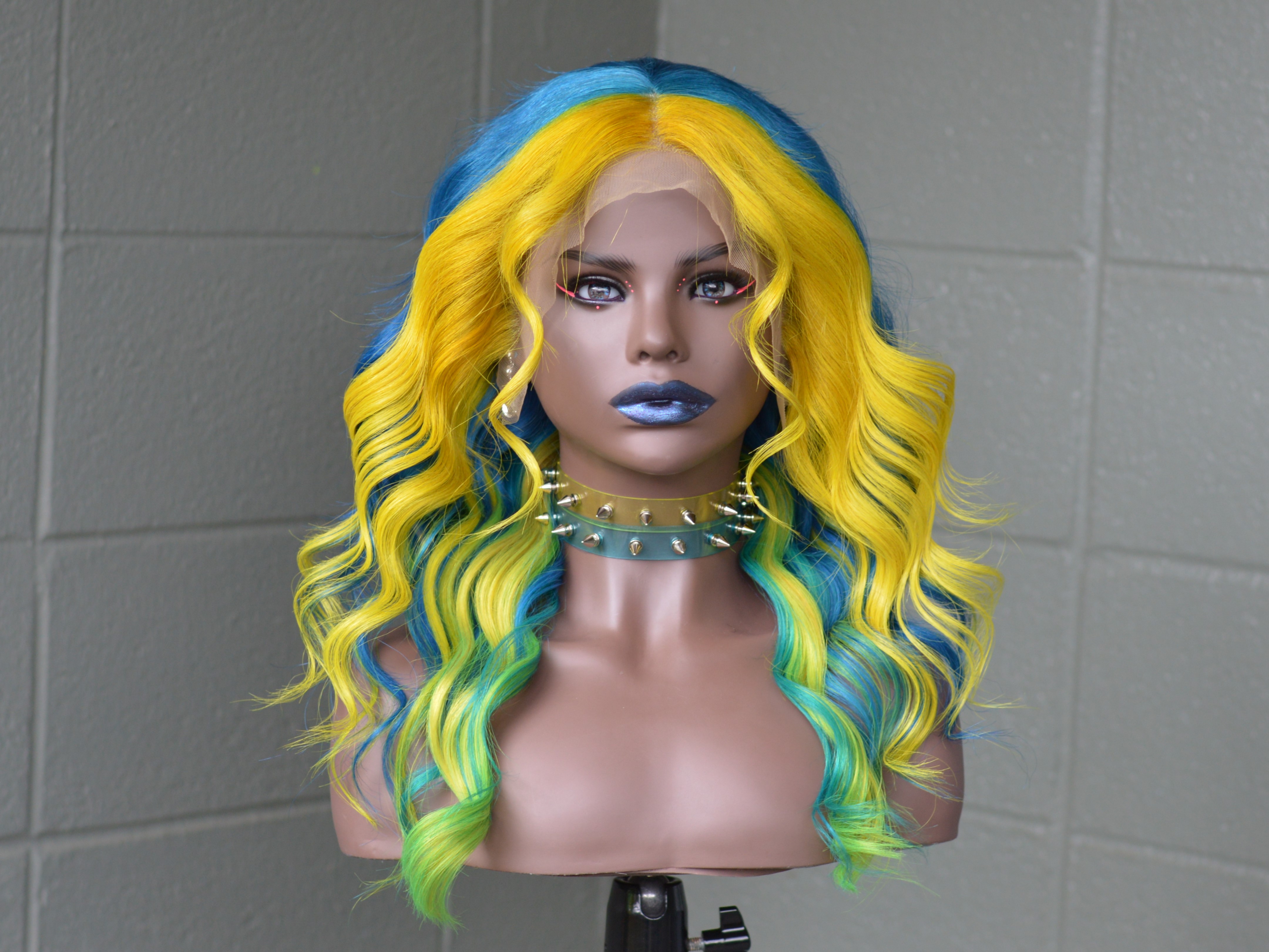 18" Human Hair Lace front wig, Blue with Neon yellow and green inspired by Lady Gaga