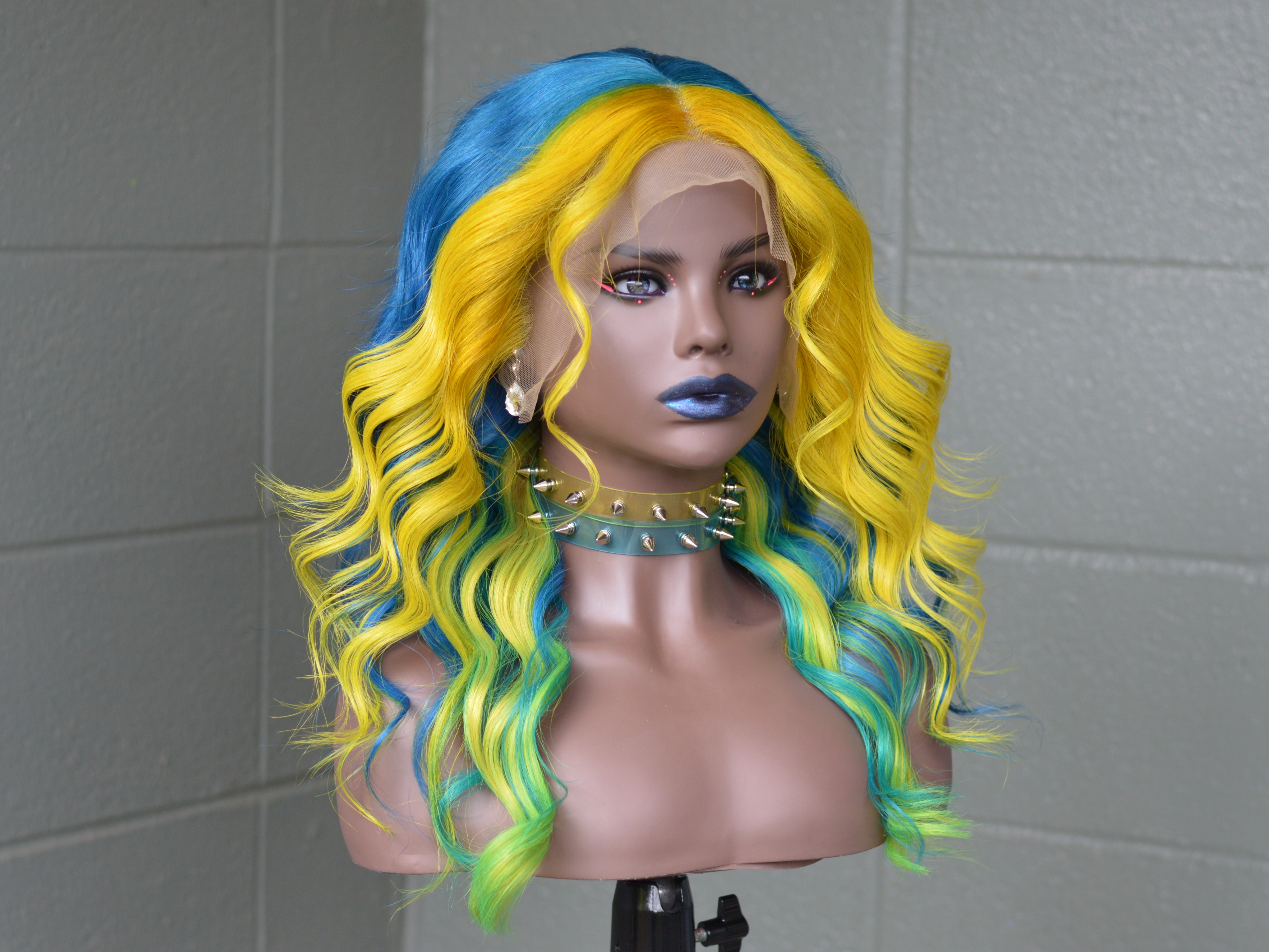 18" Human Hair Lace front wig, Blue with Neon yellow and green inspired by Lady Gaga