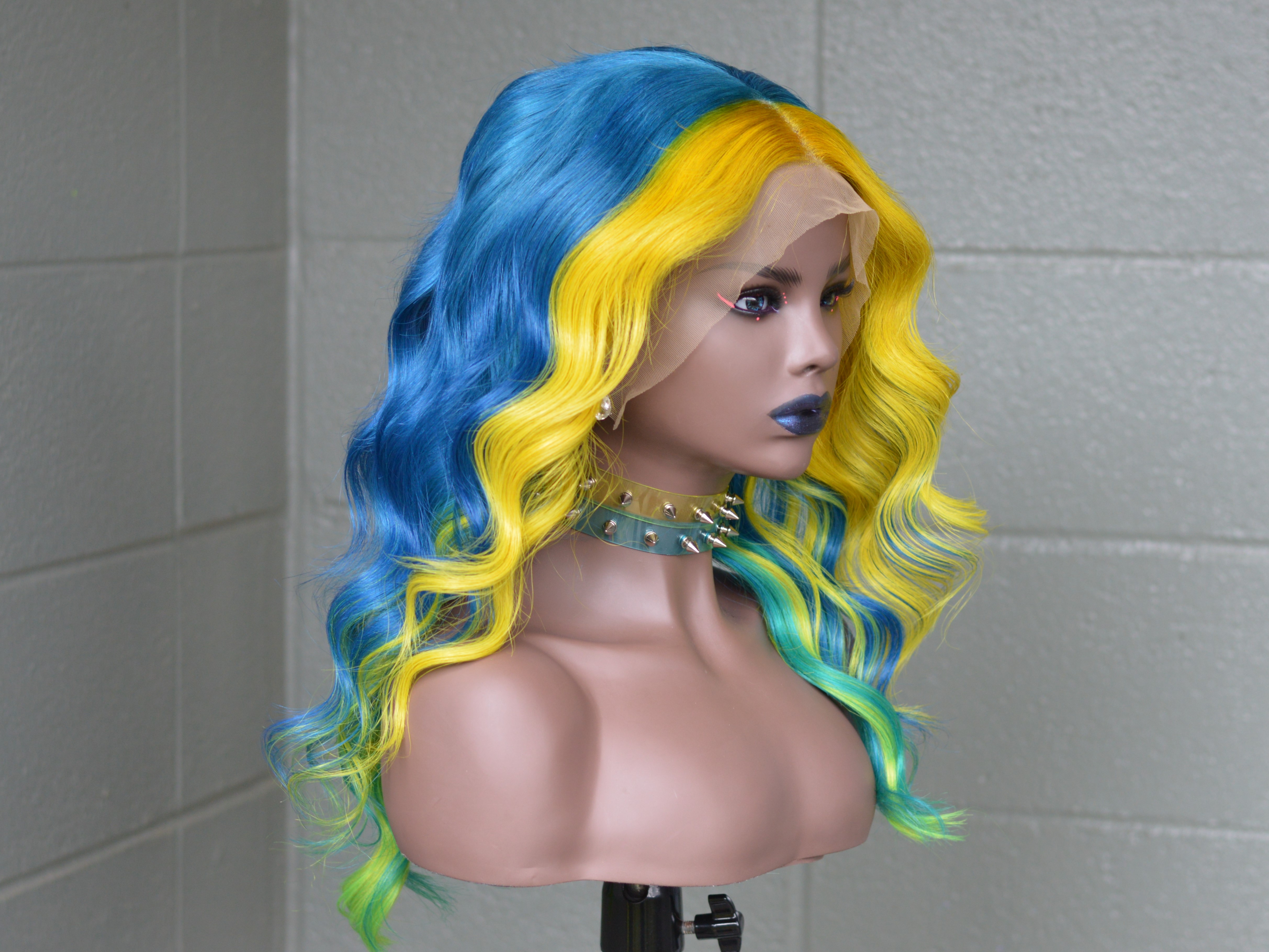 18" Human Hair Lace front wig, Blue with Neon yellow and green inspired by Lady Gaga