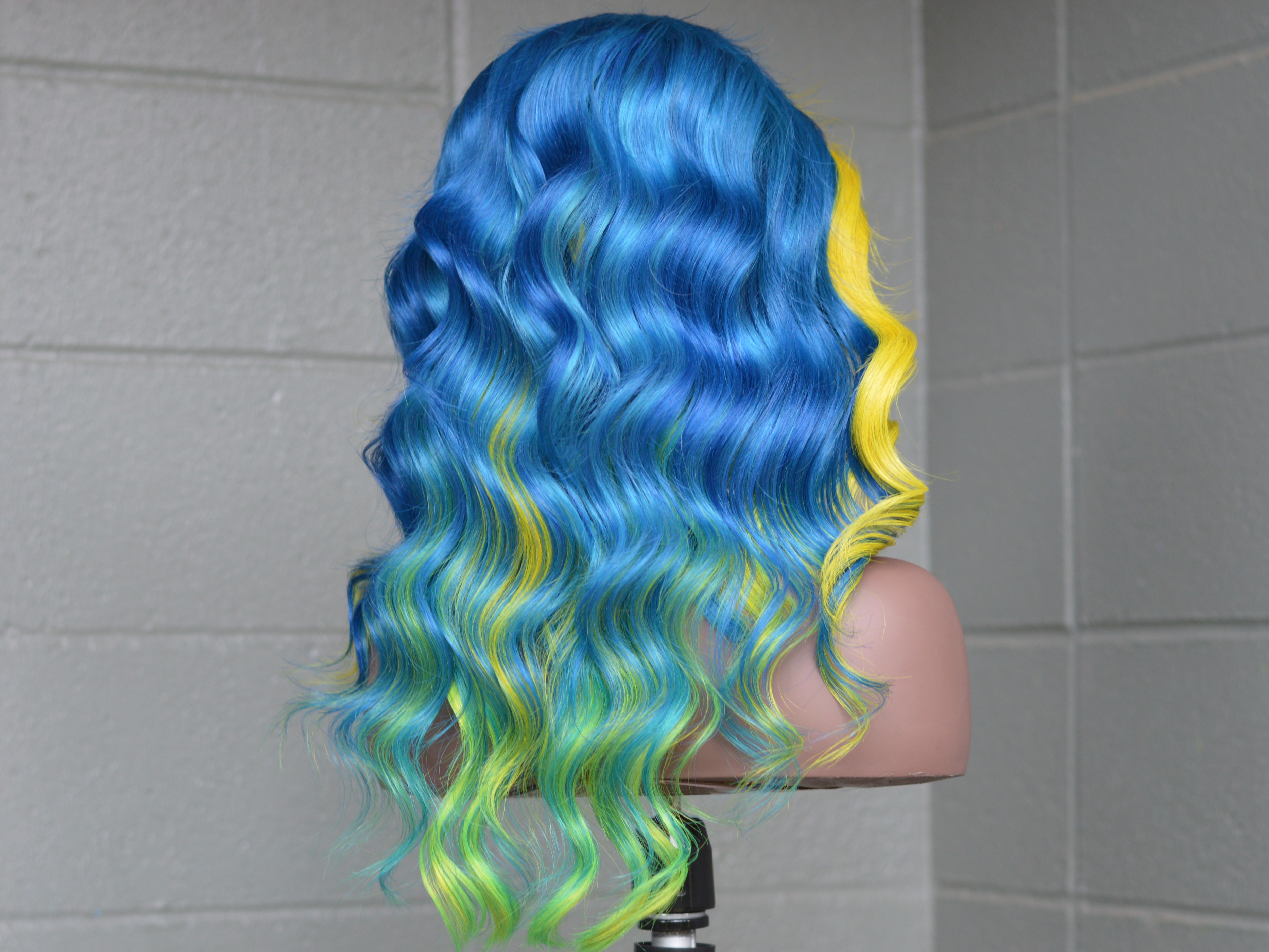 18" Human Hair Lace front wig, Blue with Neon yellow and green inspired by Lady Gaga