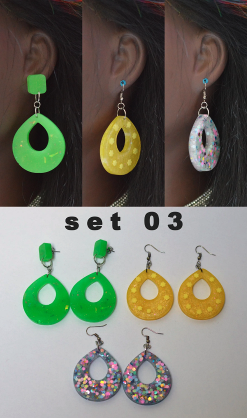 Set of 3 Pairs Handmade Colorful Glitter Acrylic Resin Earrings – Unique, Lightweight, & Trendy