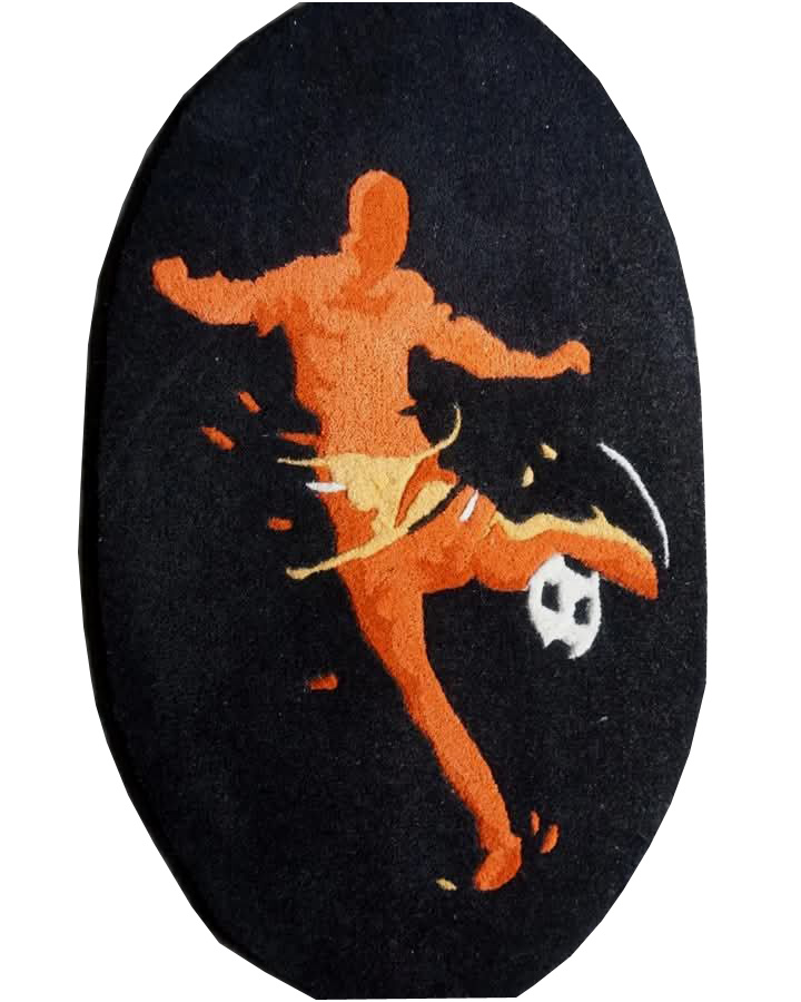 Hand Tufted Football Player Wool Rug  in vibrant orange, set against a striking dark backdrop