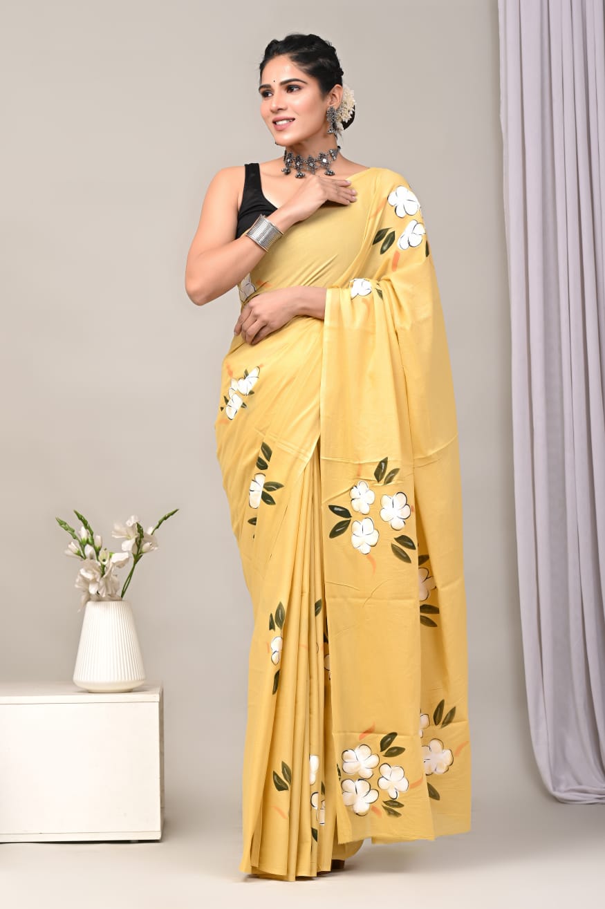 Floral Printed Yellow Saree