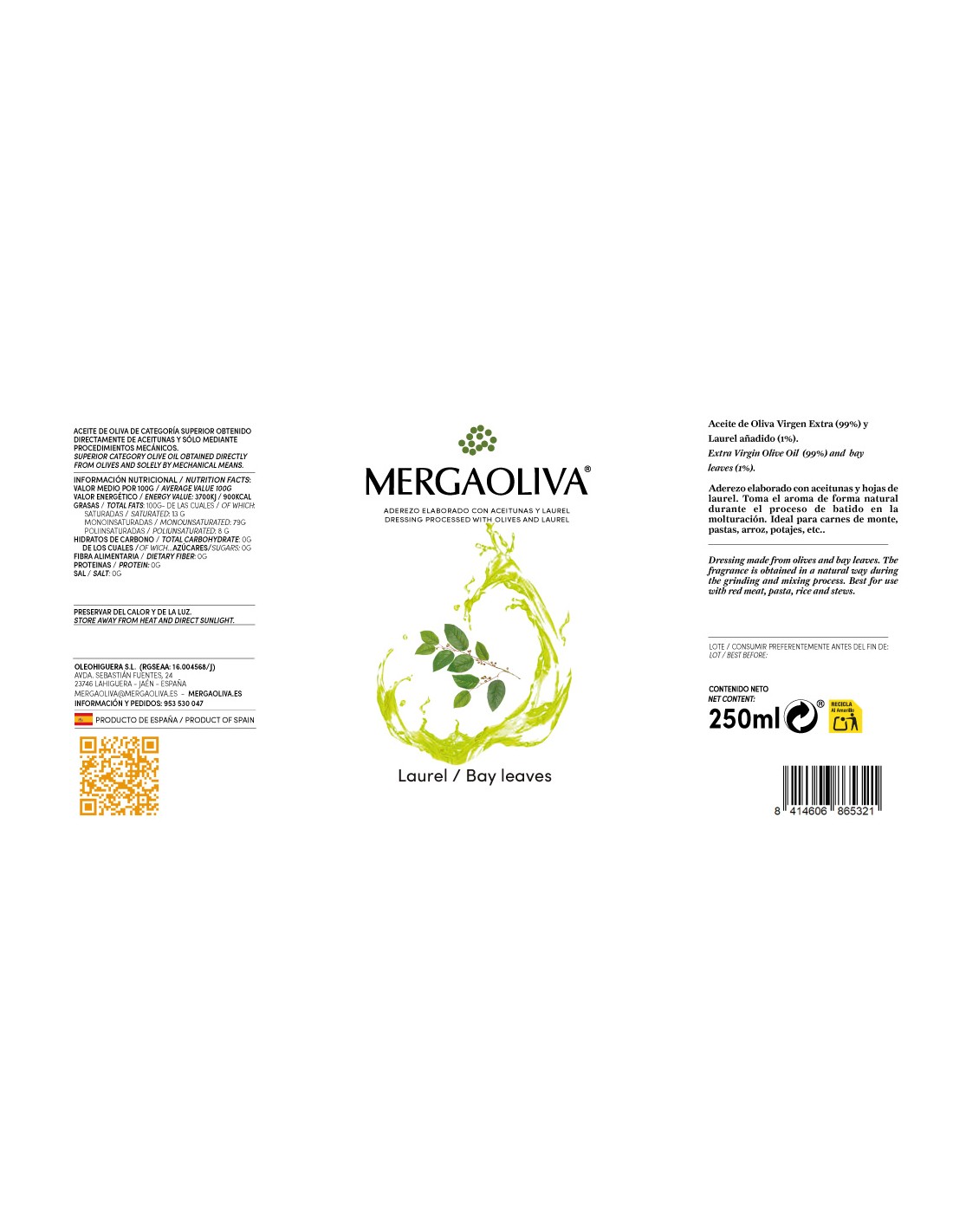 Balzaminis aliejus su laurų lapais (Picual), 250 ml 